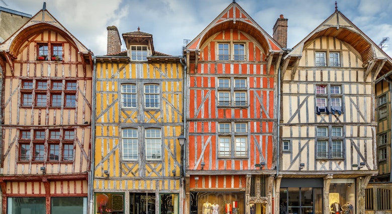 1187875083
Strret with historical  half-timbered houses in Troyes downtown, France