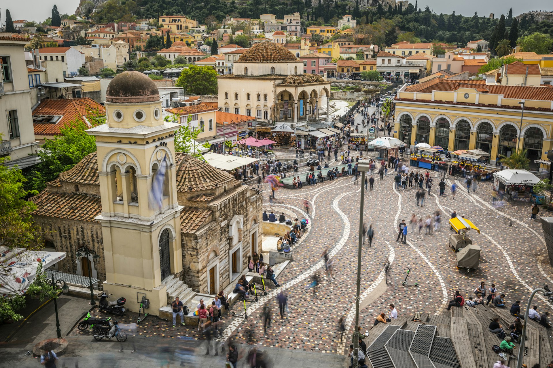 An overhead view of historic Monastiraki Sq in Athens, Greece