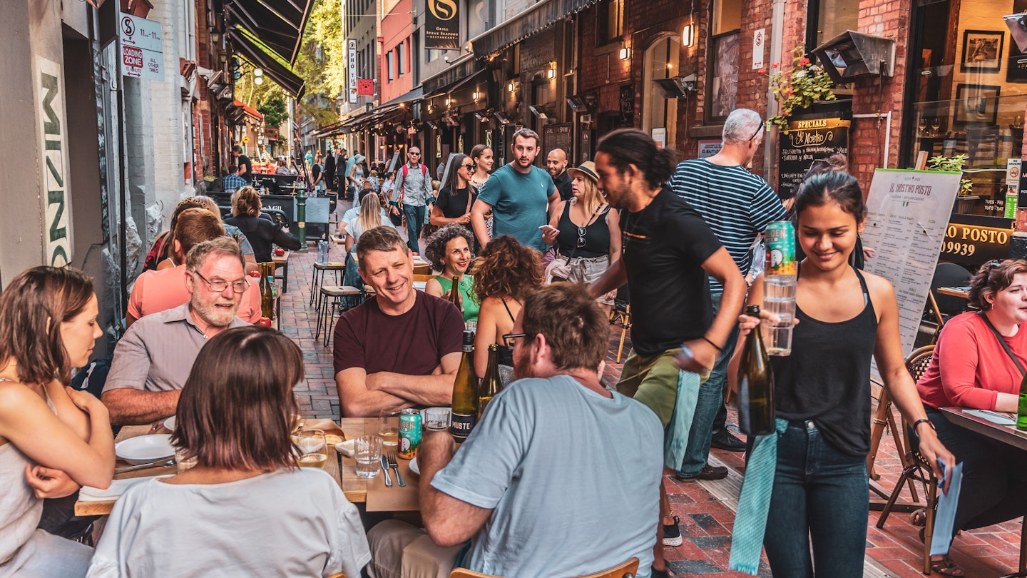 Melbourne, Victoria, Australia, January 25, 2020: Hardware Lane in Melbourne, Australia is a popular tourist area filled with cafes and restaurants featuring al fresco dining.
1206150505
People drinking and eating along Hardware Lane in Melbourne, Australia