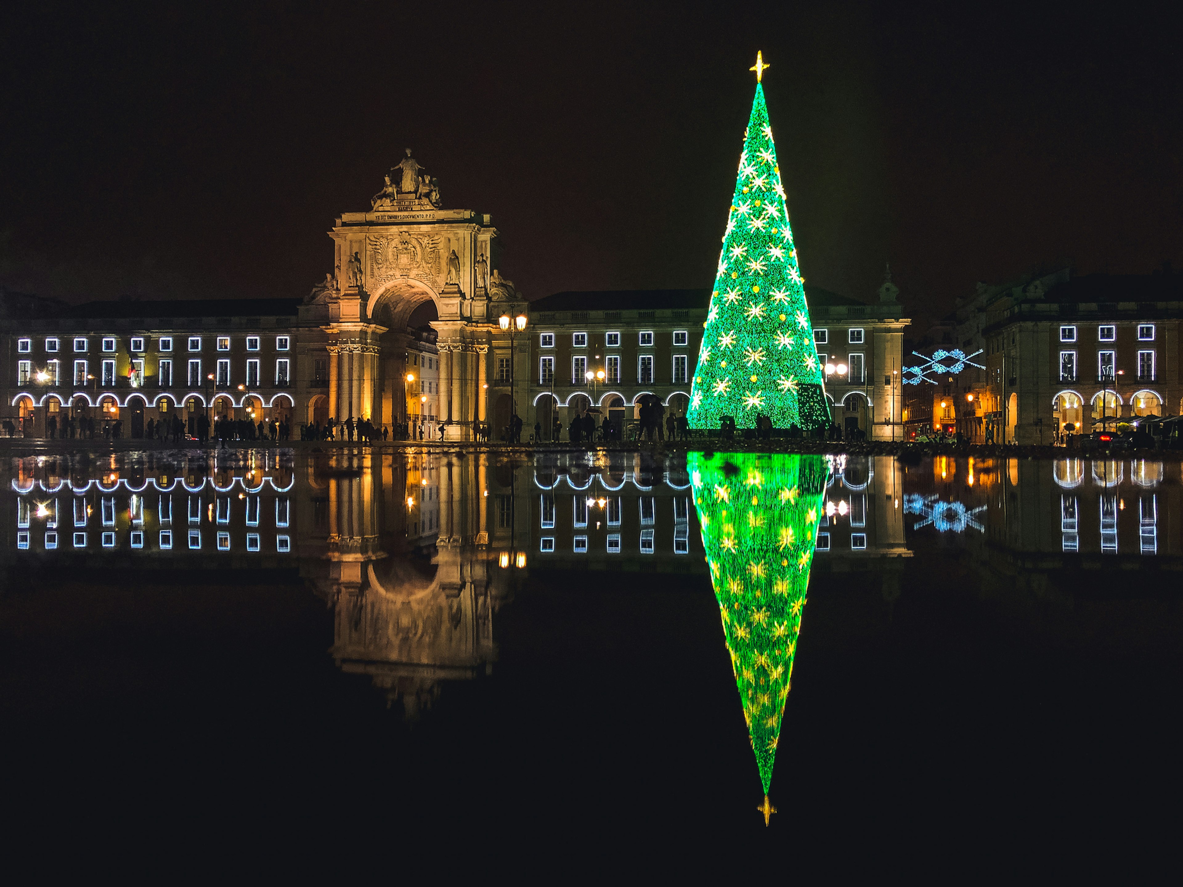 Christmas tree and decorations at Praça do Comercio in Lisbon, Portugal
