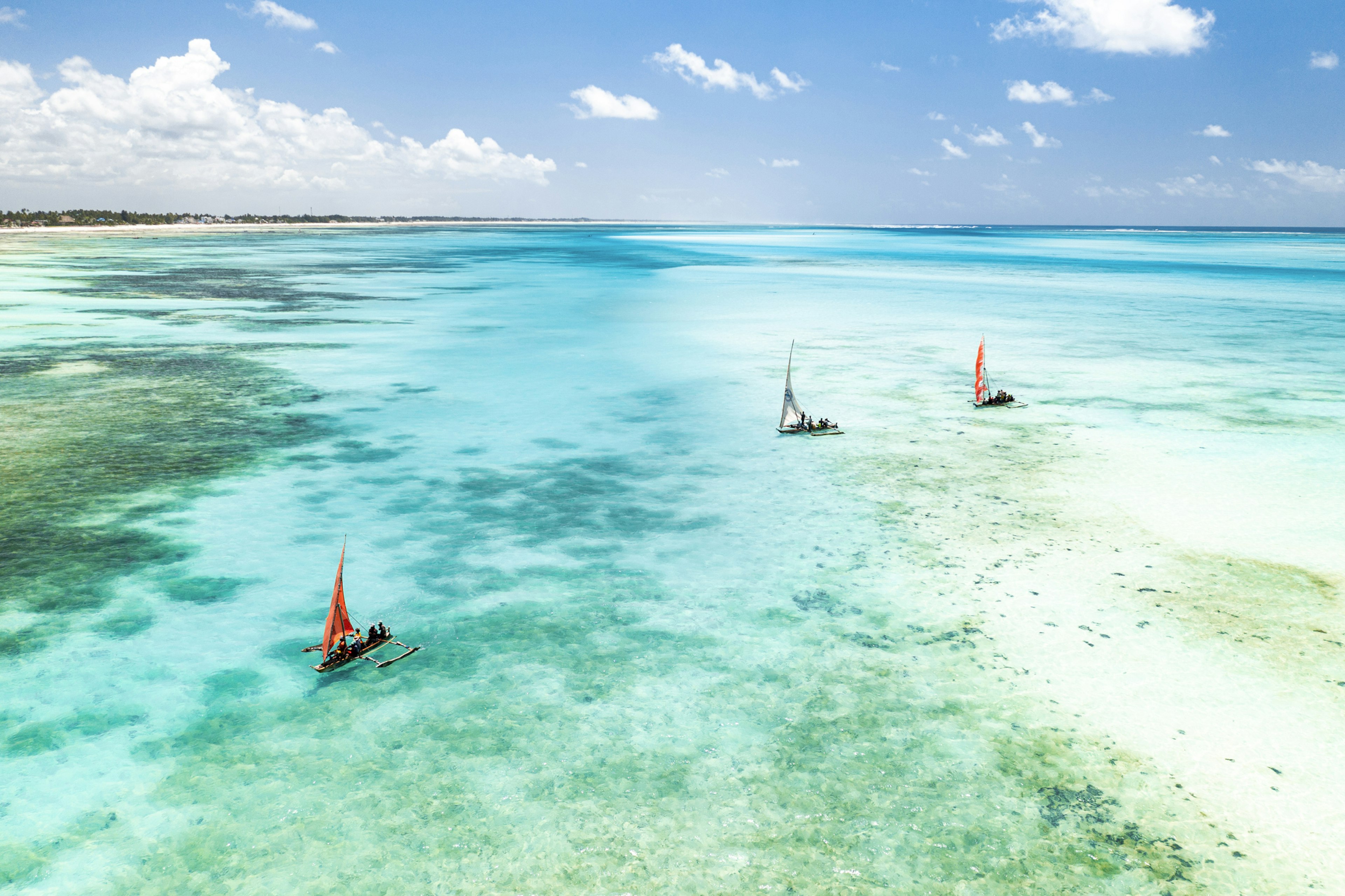 Aerial view of traditional boats sailing during low tide through clear waters along the coast of Zanzibar, Tanzania