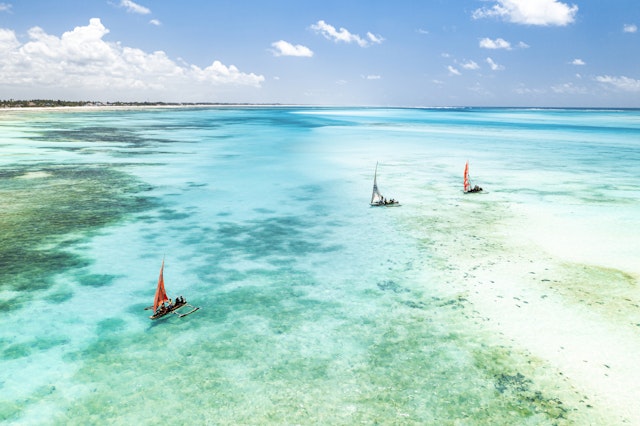 Aerial view of traditional boats sailing during low tide through clear waters along the coast of Zanzibar, Tanzania