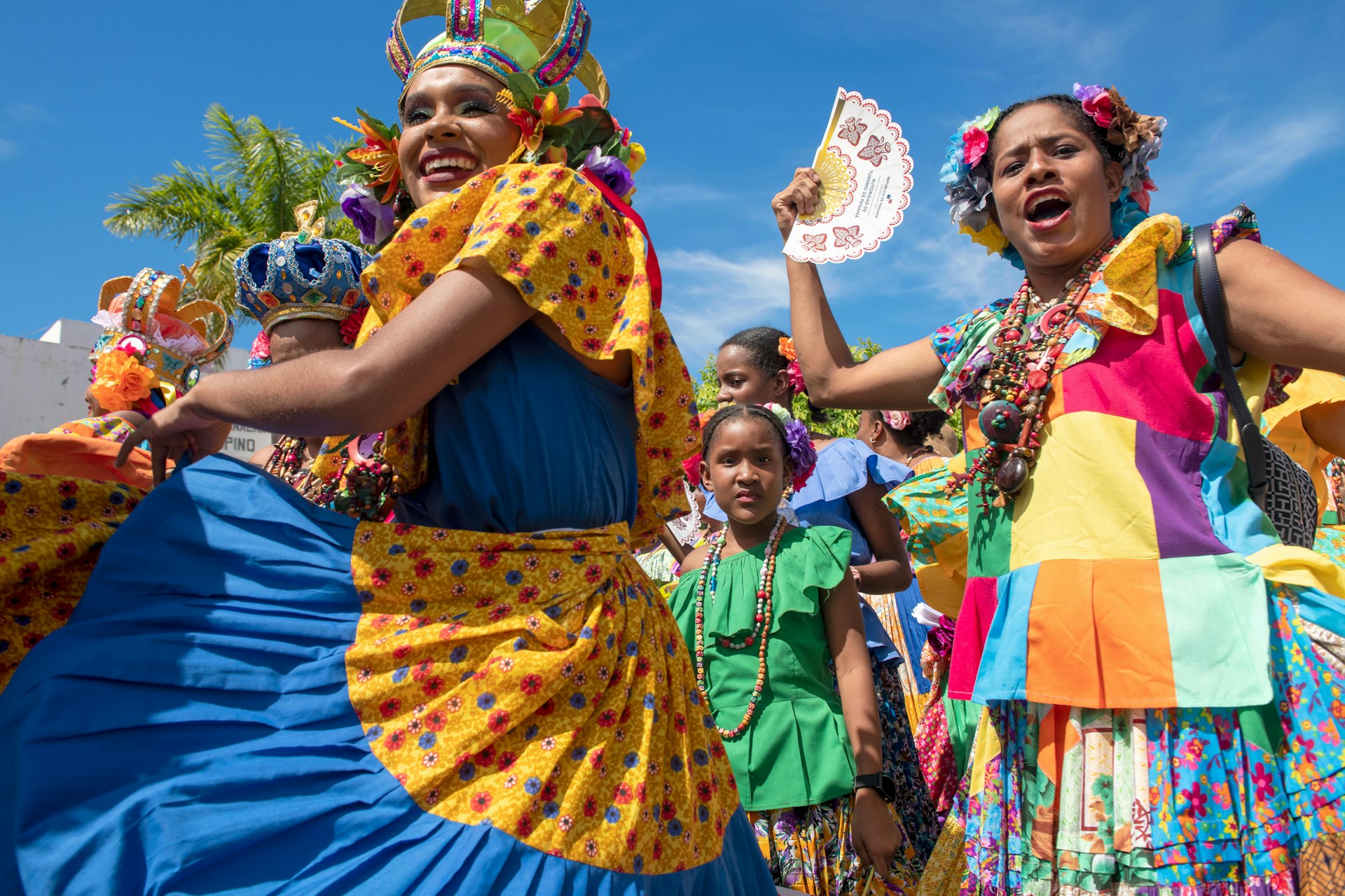 People parading and performing at 1000 Polleras Parade, known as the 'Desfile De Las Mill Polleras' in Las Tablas, Panama