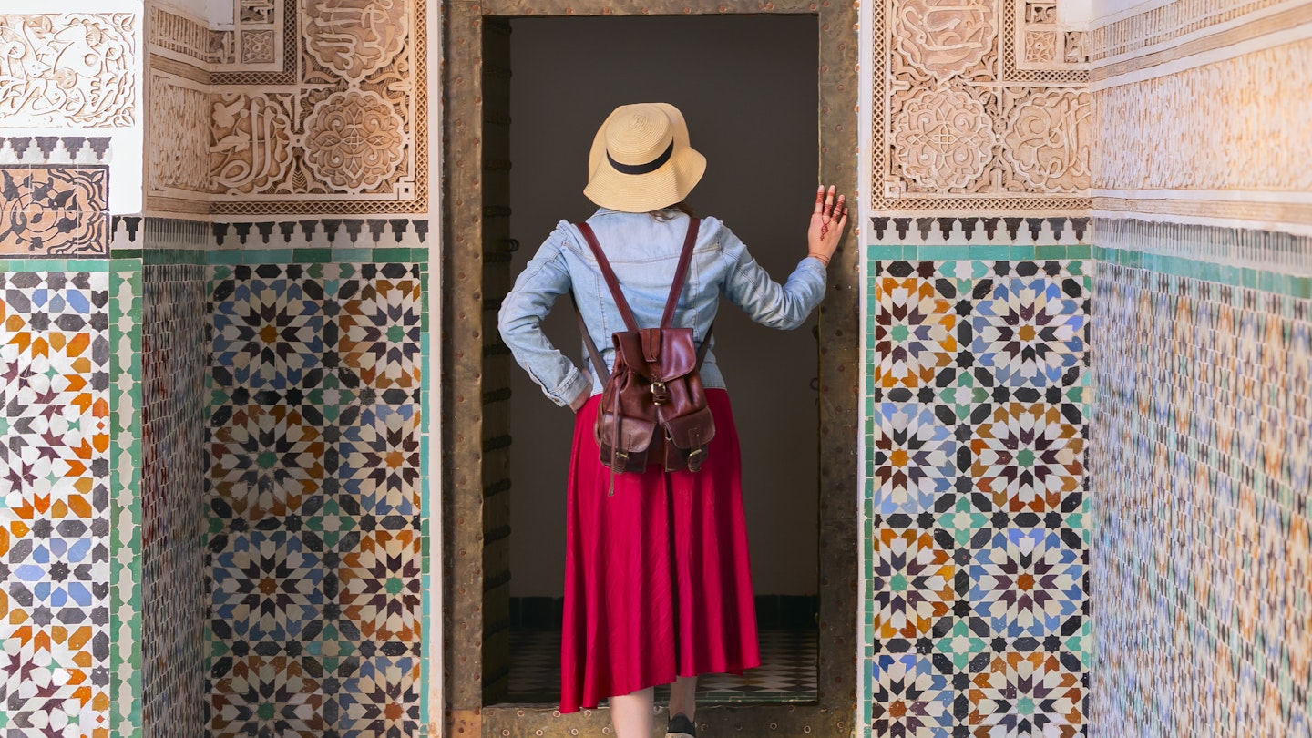 Colorful traveling by Morocco. Young woman in red dress walking in Ben Youssef Madrasa, Marrakech Morocco
1470228207
woman, girl, female, building, arab, arabic, attraction, medina, fes, texture, fez, inania, bou, medersa