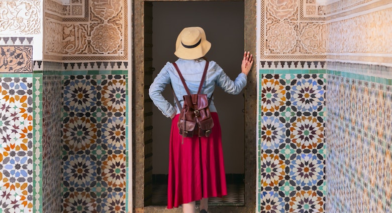 Colorful traveling by Morocco. Young woman in red dress walking in Ben Youssef Madrasa, Marrakech Morocco
1470228207
woman, girl, female, building, arab, arabic, attraction, medina, fes, texture, fez, inania, bou, medersa