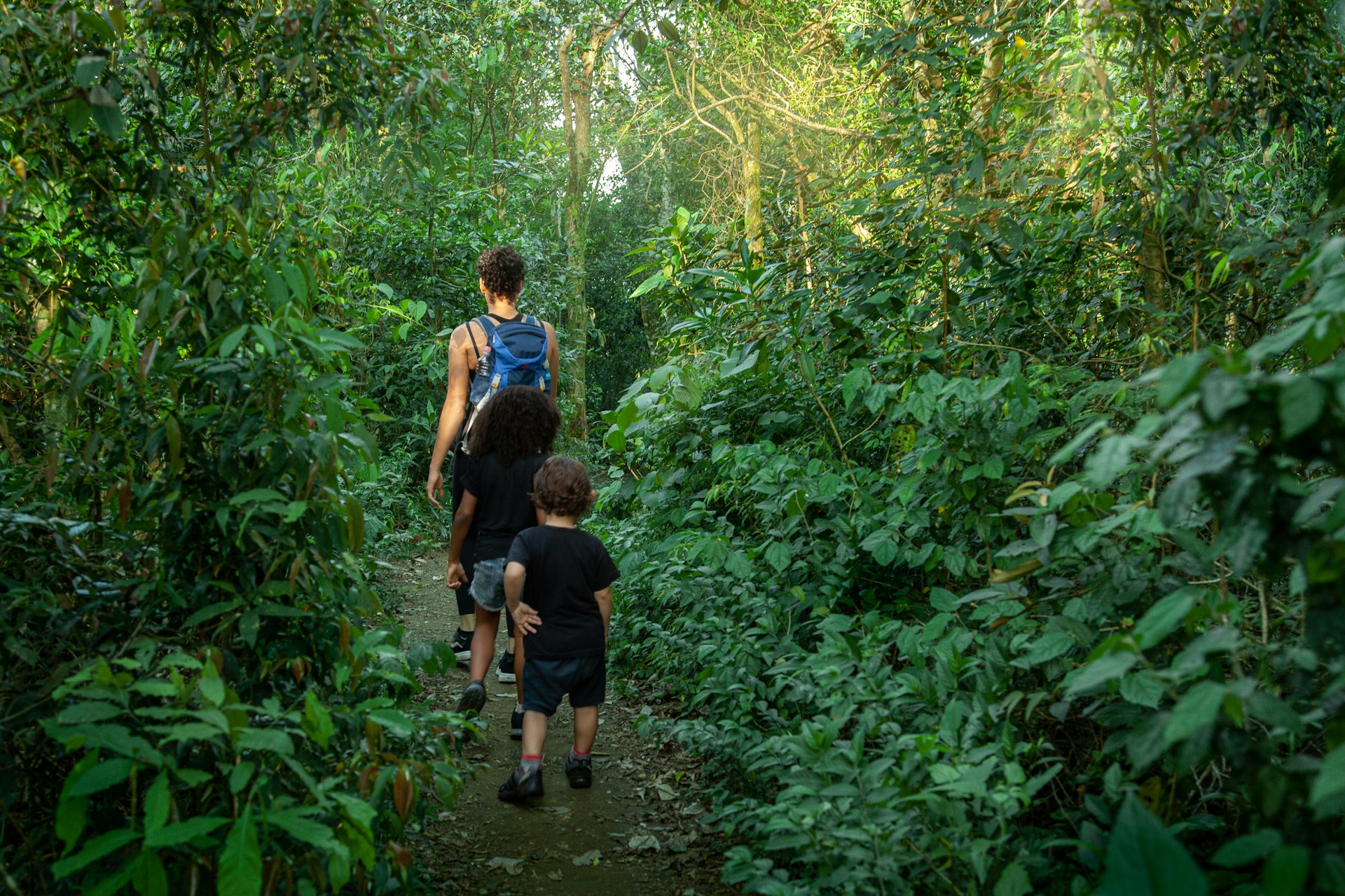 Mother with two kids enjoying the dense jungle of a national park