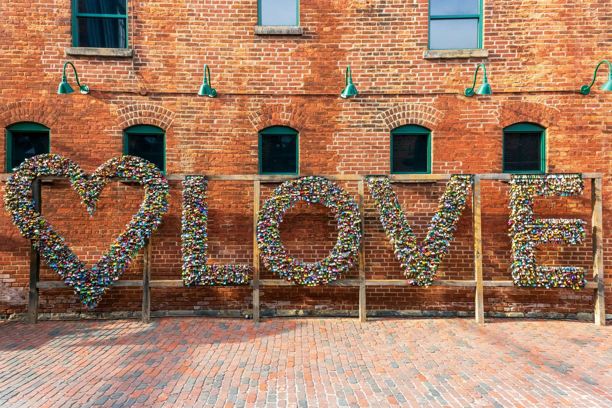 Love Locks assembled as the word 'LOVE' in the Distillery District, Toronto