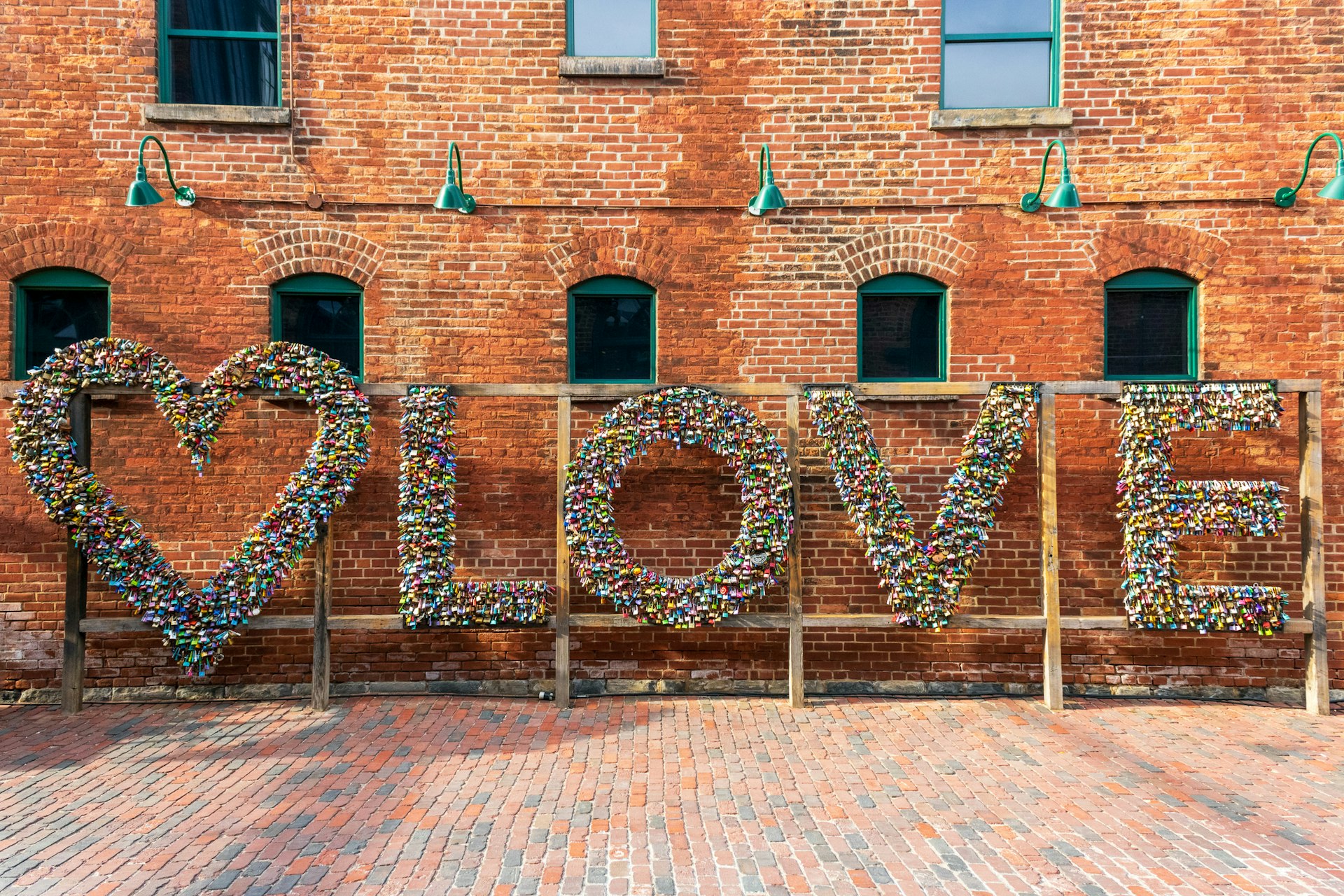 Love Locks assembled as the word 'LOVE' in the Distillery District, Toronto