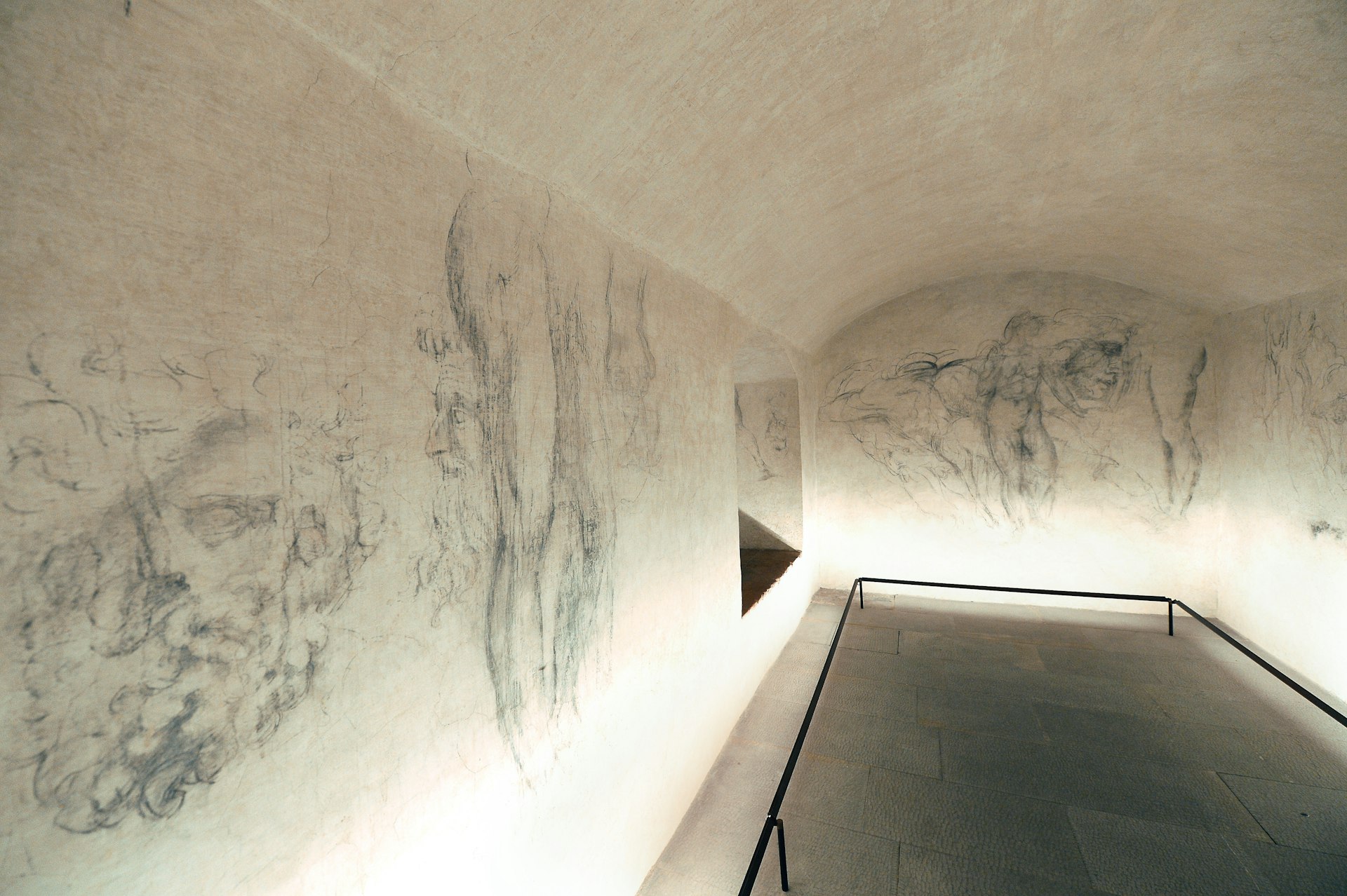 A general view of charcoal drawings inside "Michelangelo's Secret Room" at the Medici Chapel Museum