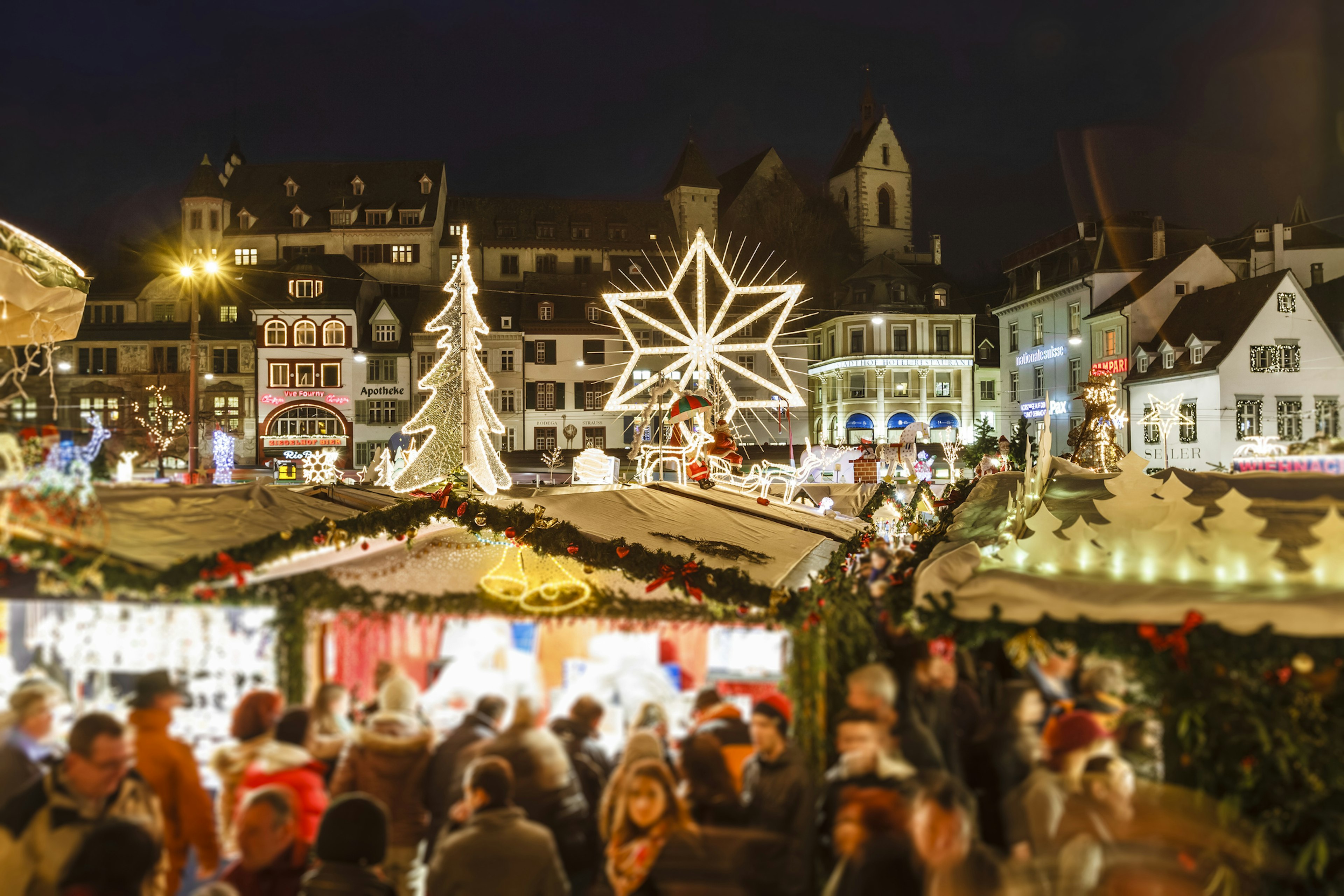 Christmas market in the old town of Basel, one of the largest and most-populated cities in Switzerland.