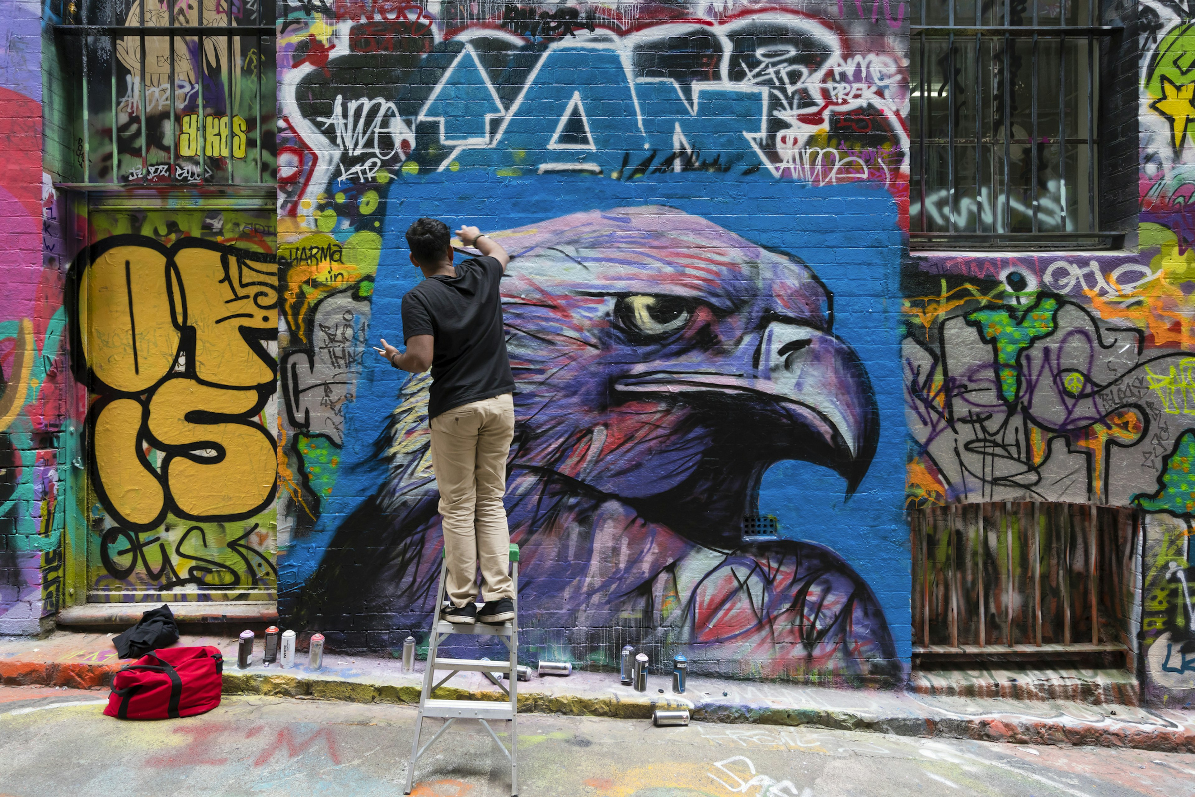 A street artist puts the finishing touches to a mural of an eagle in an alleyway covered in graffiti