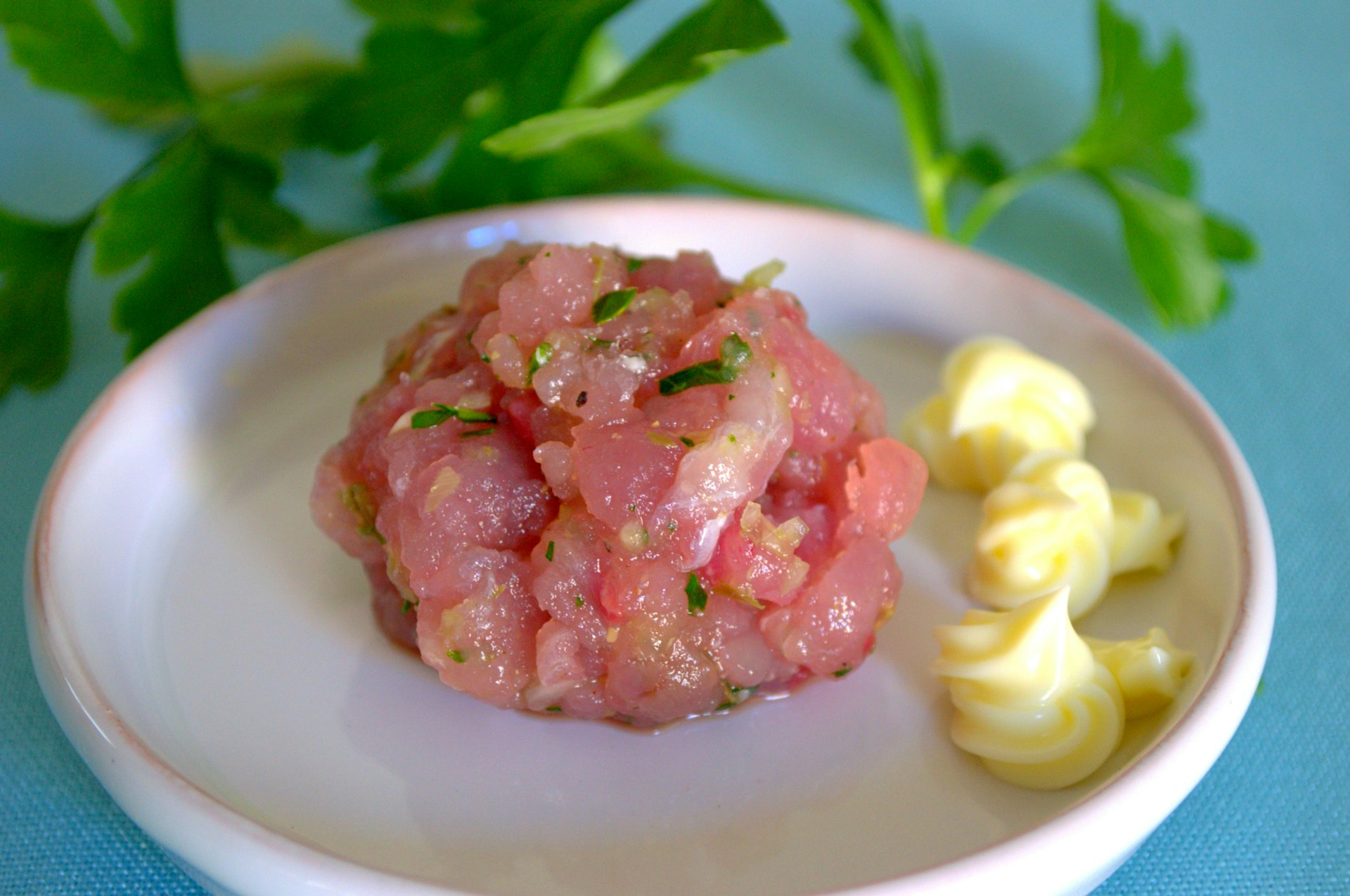 On round white saucer, raw palamita fish meatball, pink color with small pieces of chopped green parsley. On the right three tufts of yellow mayonnaise. At the top a tuft of green parsley. On the bottom turquoise tablecloth.