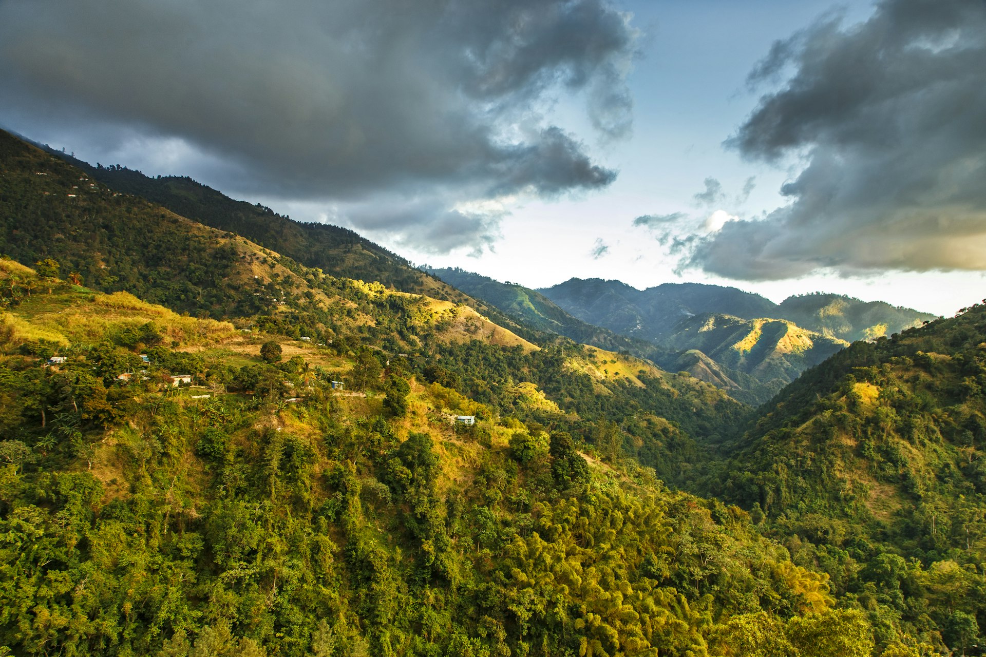 An aerial view of the Blue Mountains in Jamaica at sunset