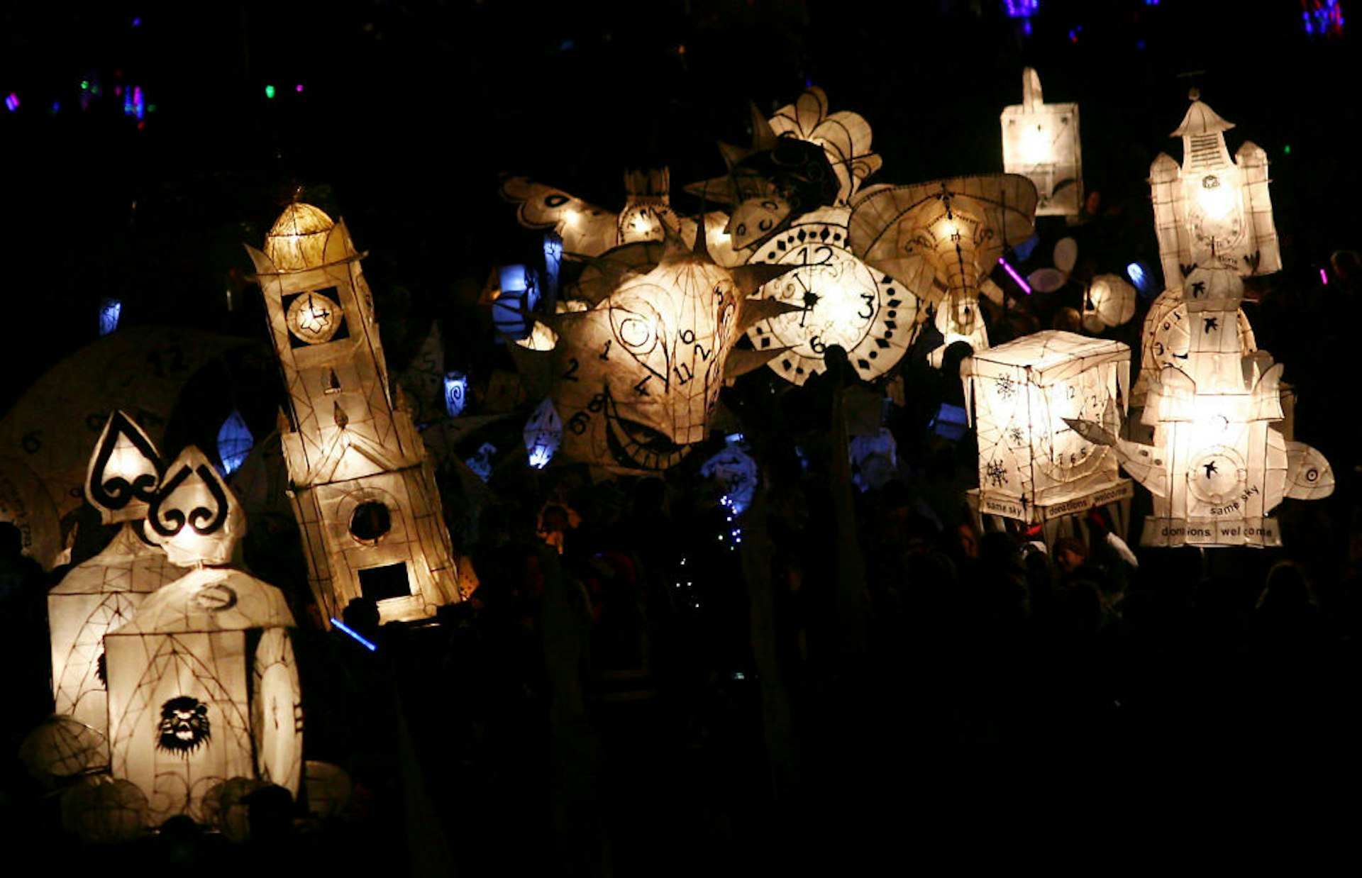 The Burning the Clocks parade of lanterns moves through Brighton in East Sussex as part of celebration of the winter solstice.  