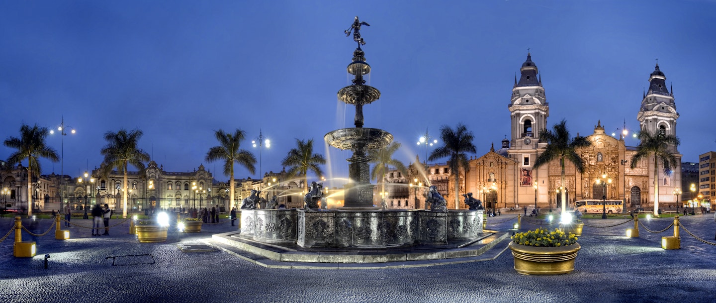 Peru, Lima, Cathedral and Plaza de Armas Plaza Mayor.
Motion City Architecture Horizontal Panoramic Outdoors The Americas Fountain Place of Worship Peru Cathedral Famous Place Tree Sky Night Lima - Peru Religion Illuminated Christianity Coconut Palm Tree Color Image Facade Plaza de Armas - Lima Incidental People Building Exterior Photography Capital Cities Plaza de Armas Plaza Mayor - Lima