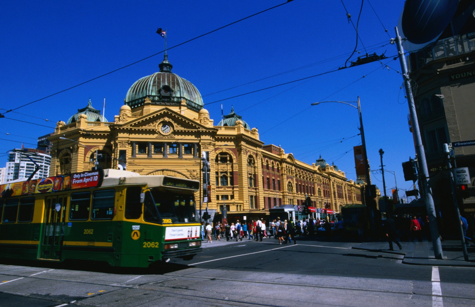 A tram passing Flinders Street Station in Melbourne