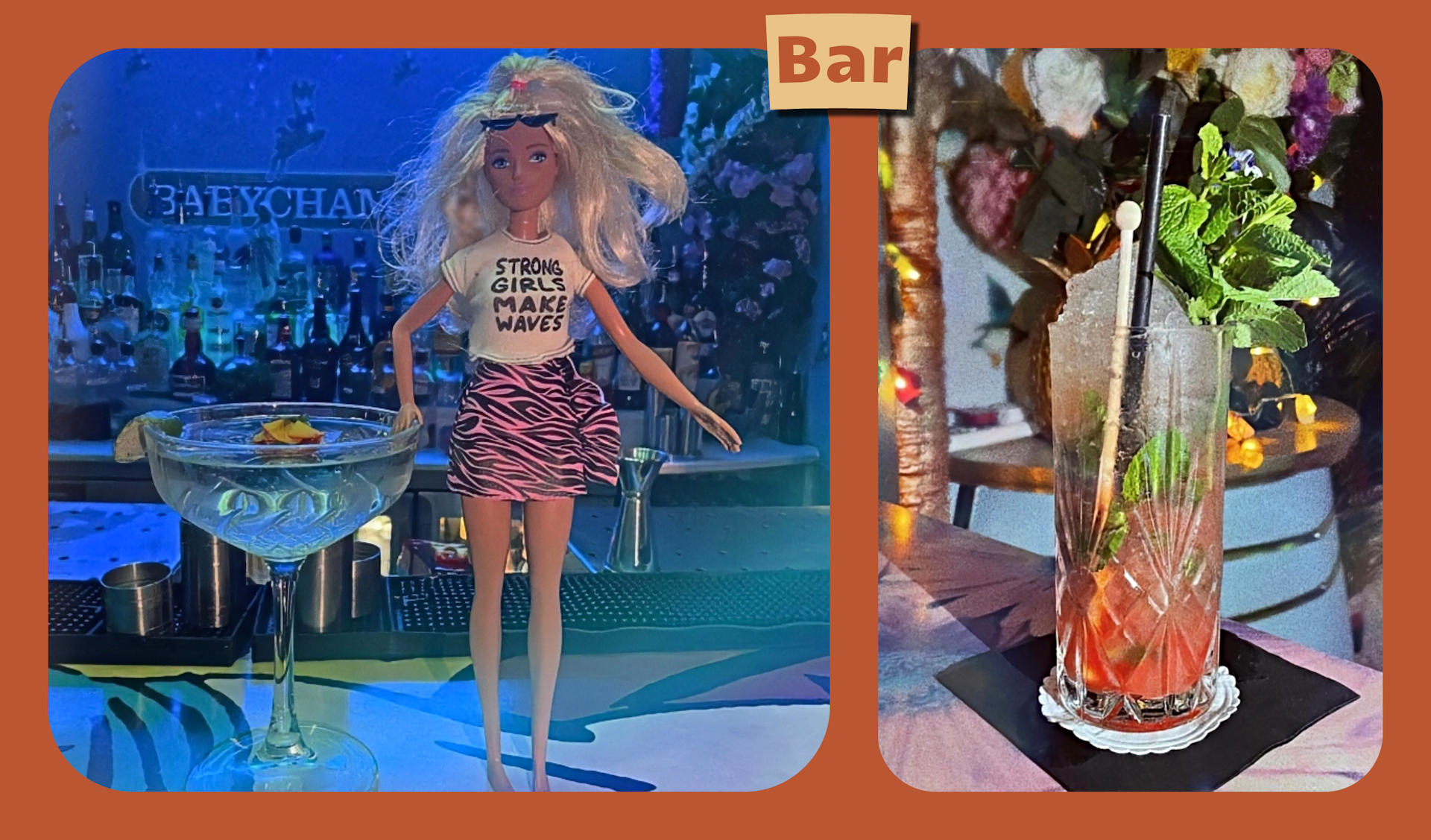 L: A Barbie is propped next to a blue cocktail. R: close-up of cocktail drink with herbs
