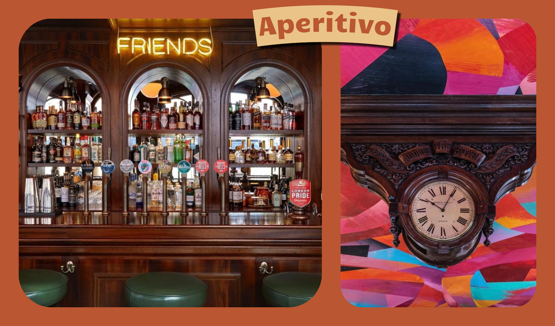 L: Wood-panelled bar in London. R: Multicoloured ceiling design with old-fashioned clock