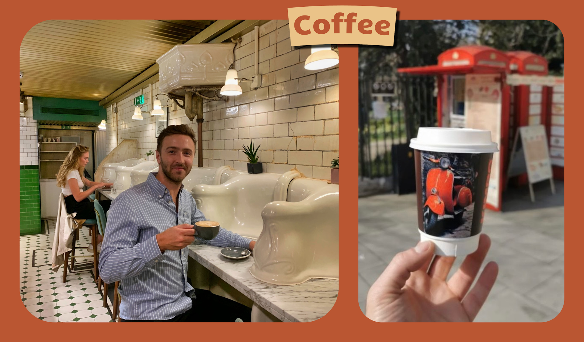 L: Man sitting with coffee and a not-in-use urinal. R: A London phonebox reimagined as a coffee stand