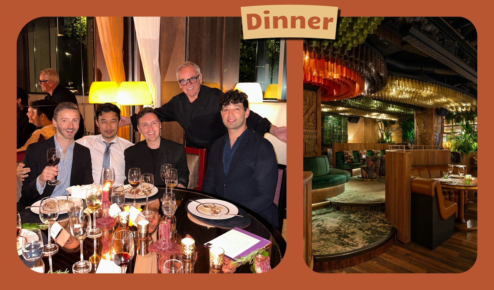 L: A group of young men sit at a dinner table with celebrity chef Wolfgang Puck. R: The Amazonain-inspired decor of London restaurant Amazonica