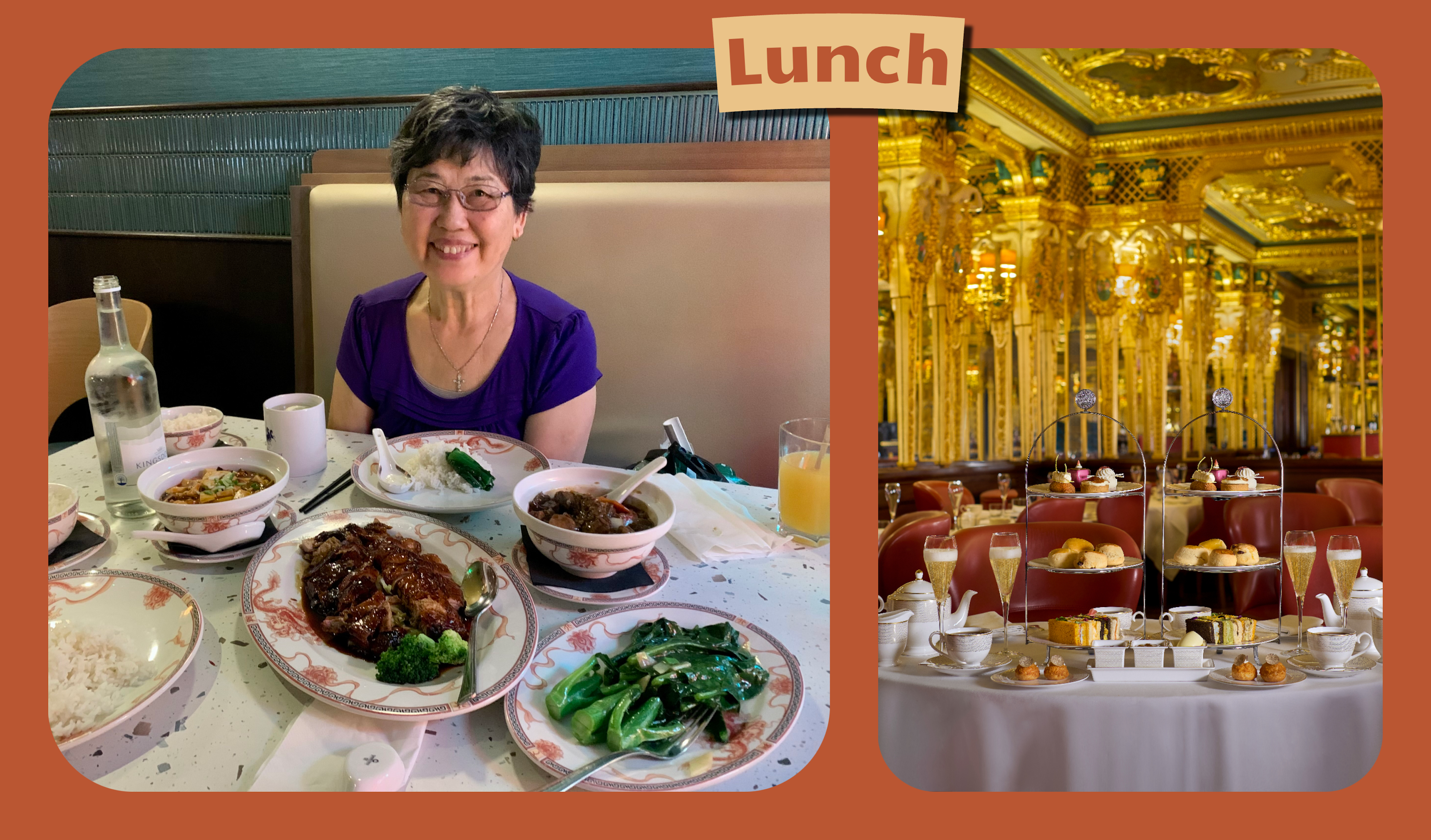 L: Woman sits at table with Asian cuisine for lunch. R: The gold-hued interior of The Grill Room, London