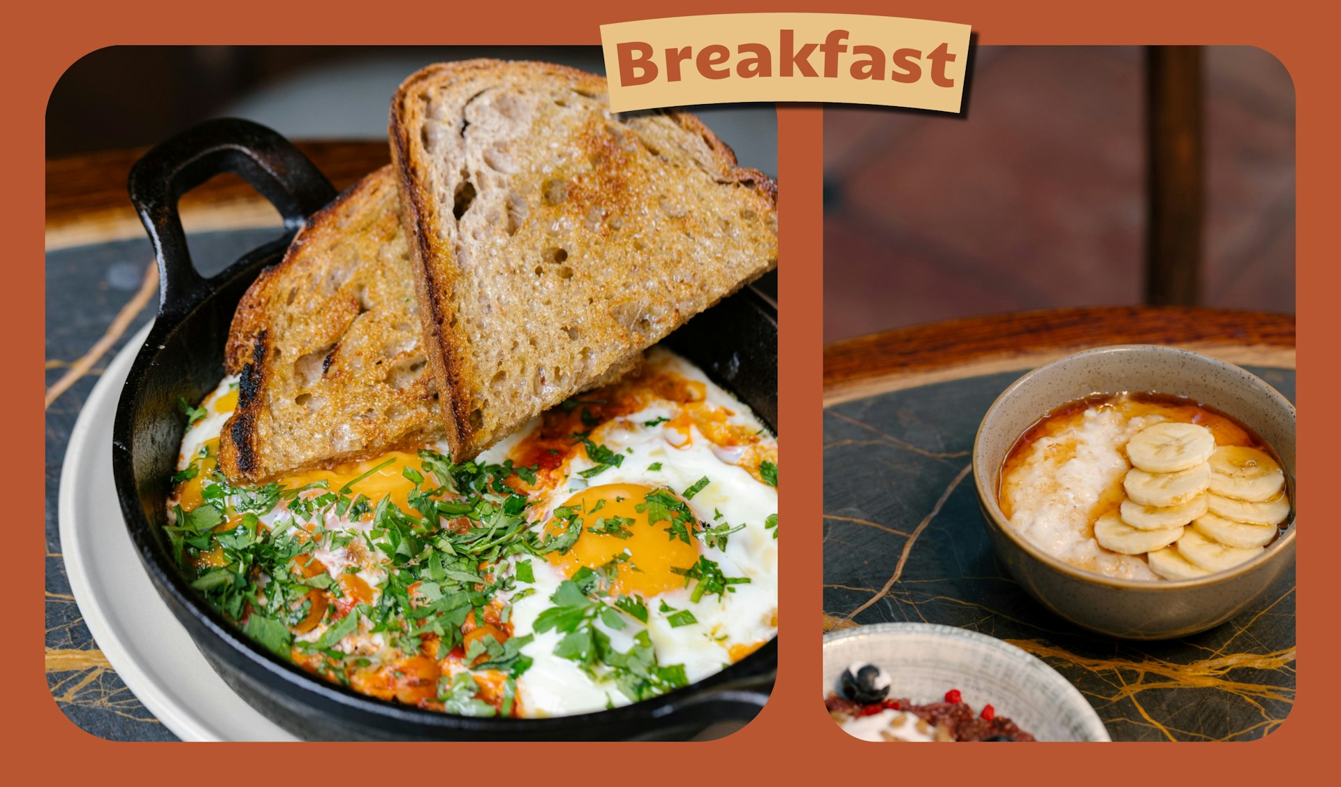 A collage image. L: close-up of fried eggs, toast and beans. R: Porridge