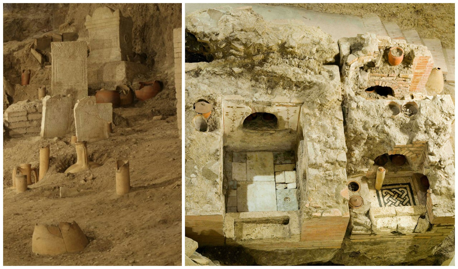 Terracotta urns and other Ancient Roman pagan burial offerings are seen in the necropolis under St Peter's Basilica