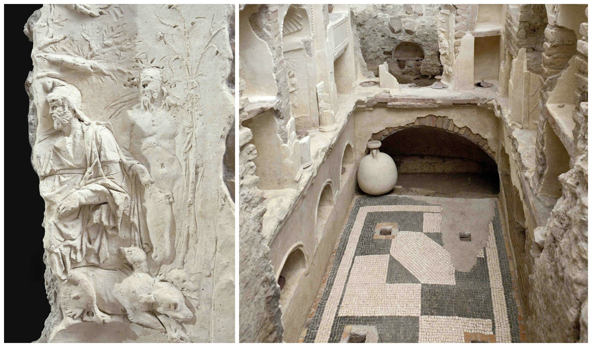 Aerial and up-close shots of marbled burial sites under St Peter's Basilica