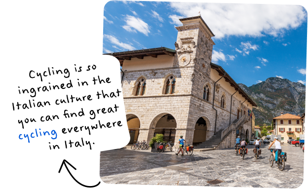 Cycling is so ingrained in the italian culture that you can find great cycling everywhere in Italy. Image of an Italian town square.