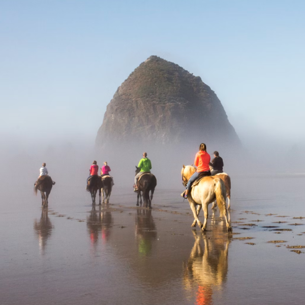 Riding through the infamous mist of Cannon Beach, Oregon