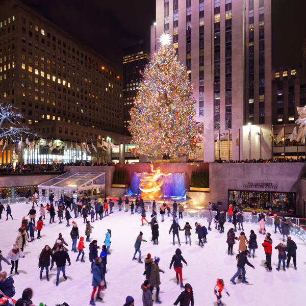 Rockefeller Christmas tree and skating rink at night