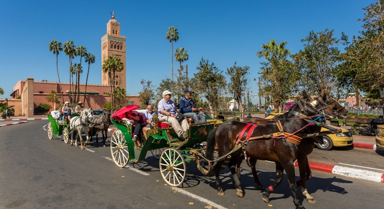 Horses and carriages and Minaret of the 12th century Koutoubia Mosque at dawn, UNESCO World Heritage Site, Marrakesh, Morocco, North Africa, Africa 1-11-19; Shutterstock ID 1551190064; full: 65050; gl: Online editorial; netsuite: Marrakesh getting around; your: Claire Naylor
1551190064
