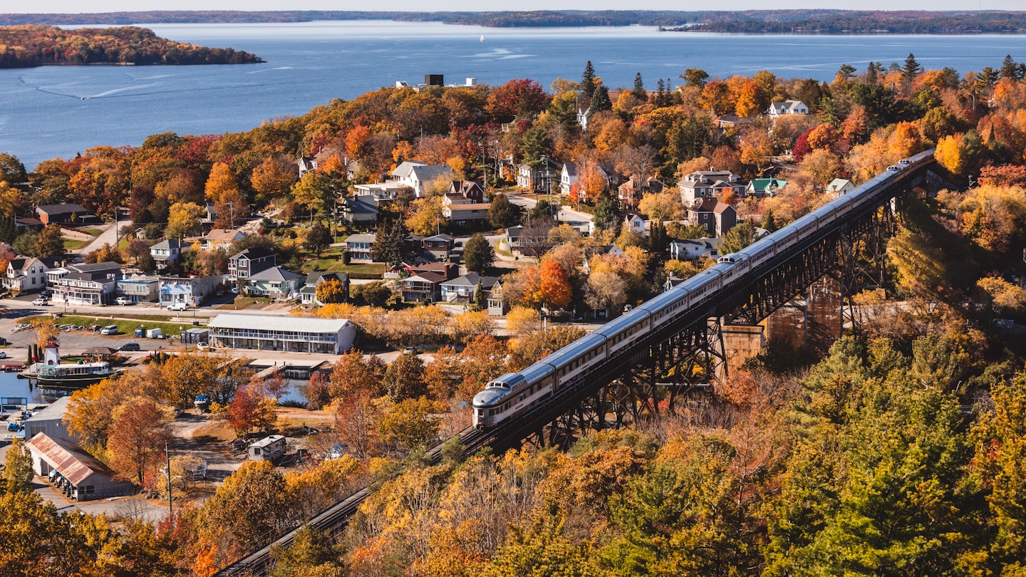 All Canadian: VIA Rail's Vancouver-bound Canadian soars above Parry Sound, Ontario on a gorgeous autumn afternoon.; Shutterstock ID 1636820080; full: 65050; gl: Online Editorial; netsuite: Best Train Trips Canada; your: Bailey Freeman
1636820080