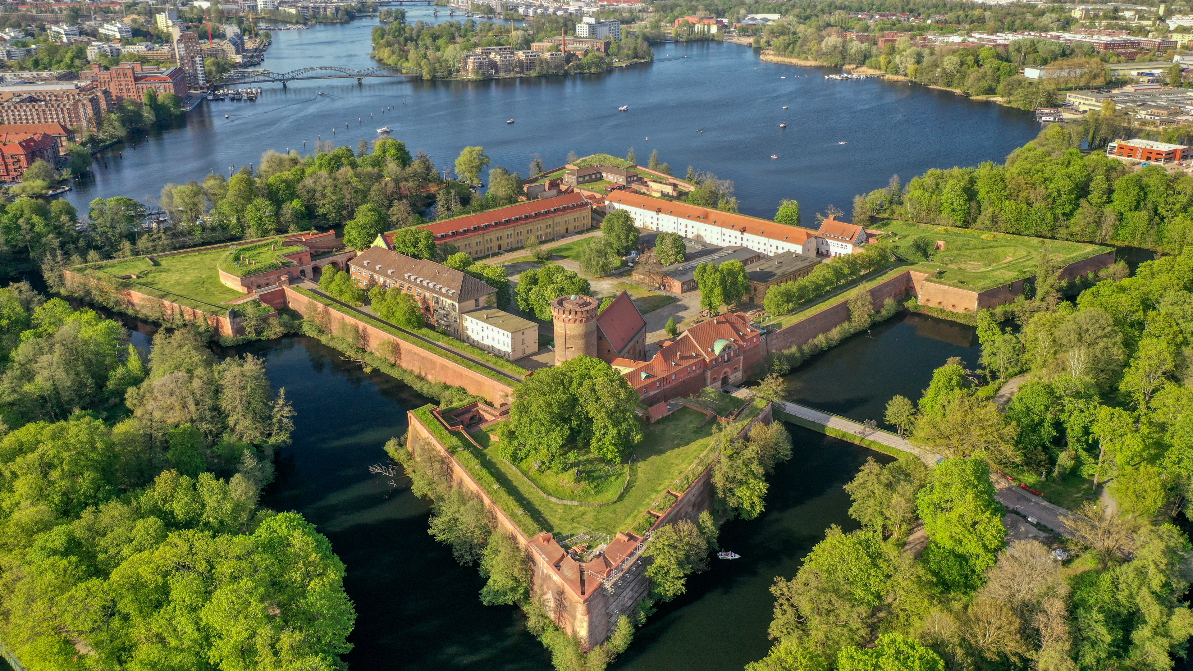 Aerial photo of Citadel Spandau in Berlin, Germany - a large fortress on the water.