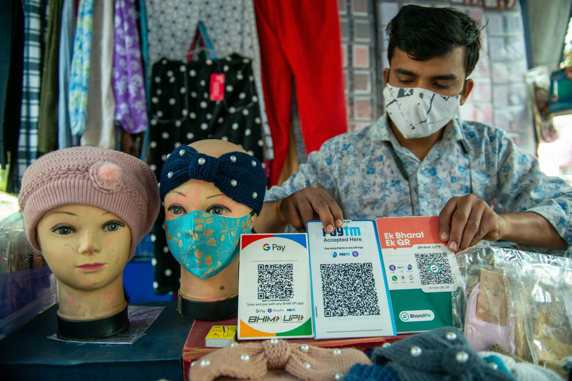 QR code based payment options at a clothing shop, Noida, Uttar Pradesh, India