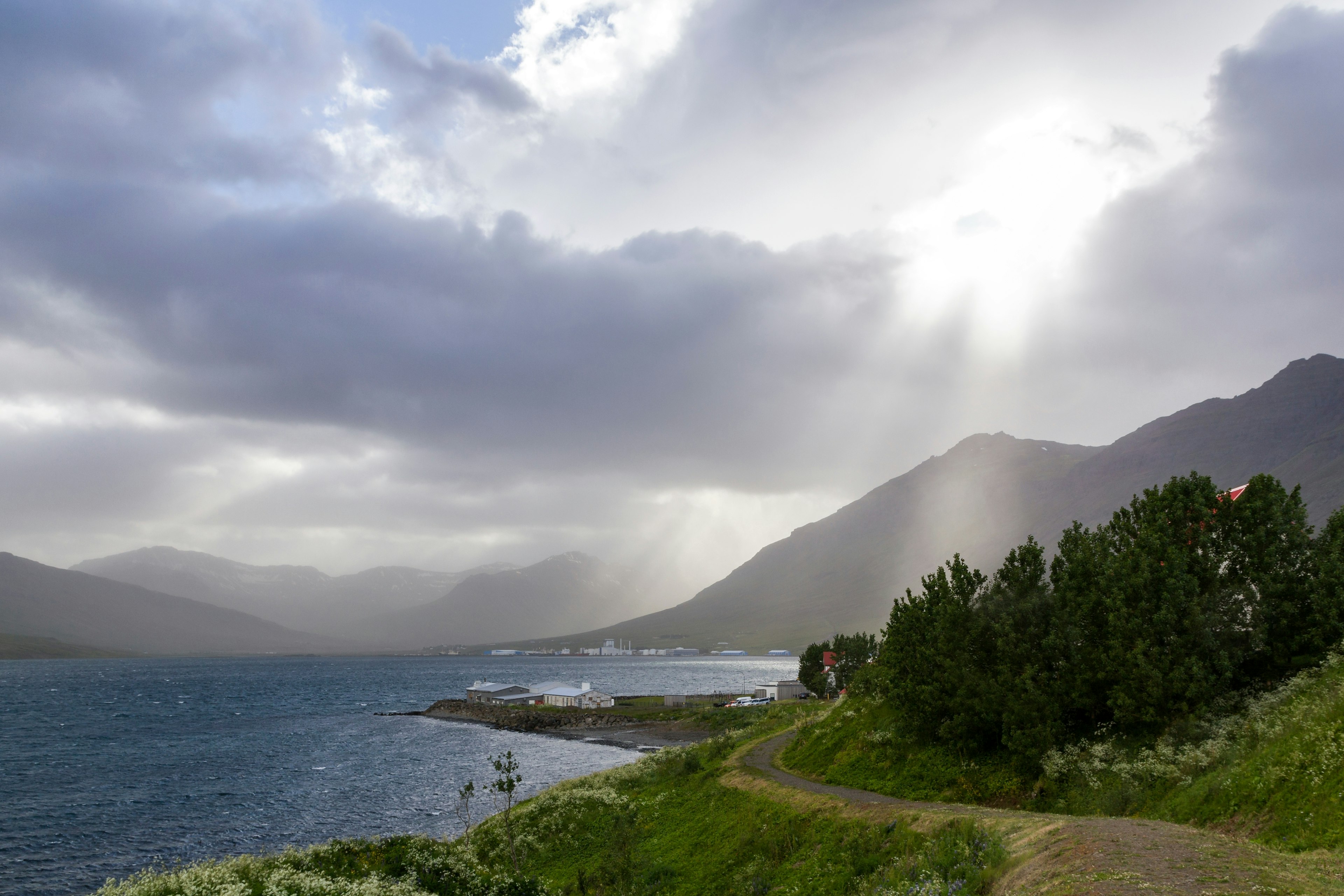 The bay of Neskaupstaður on a stormy day