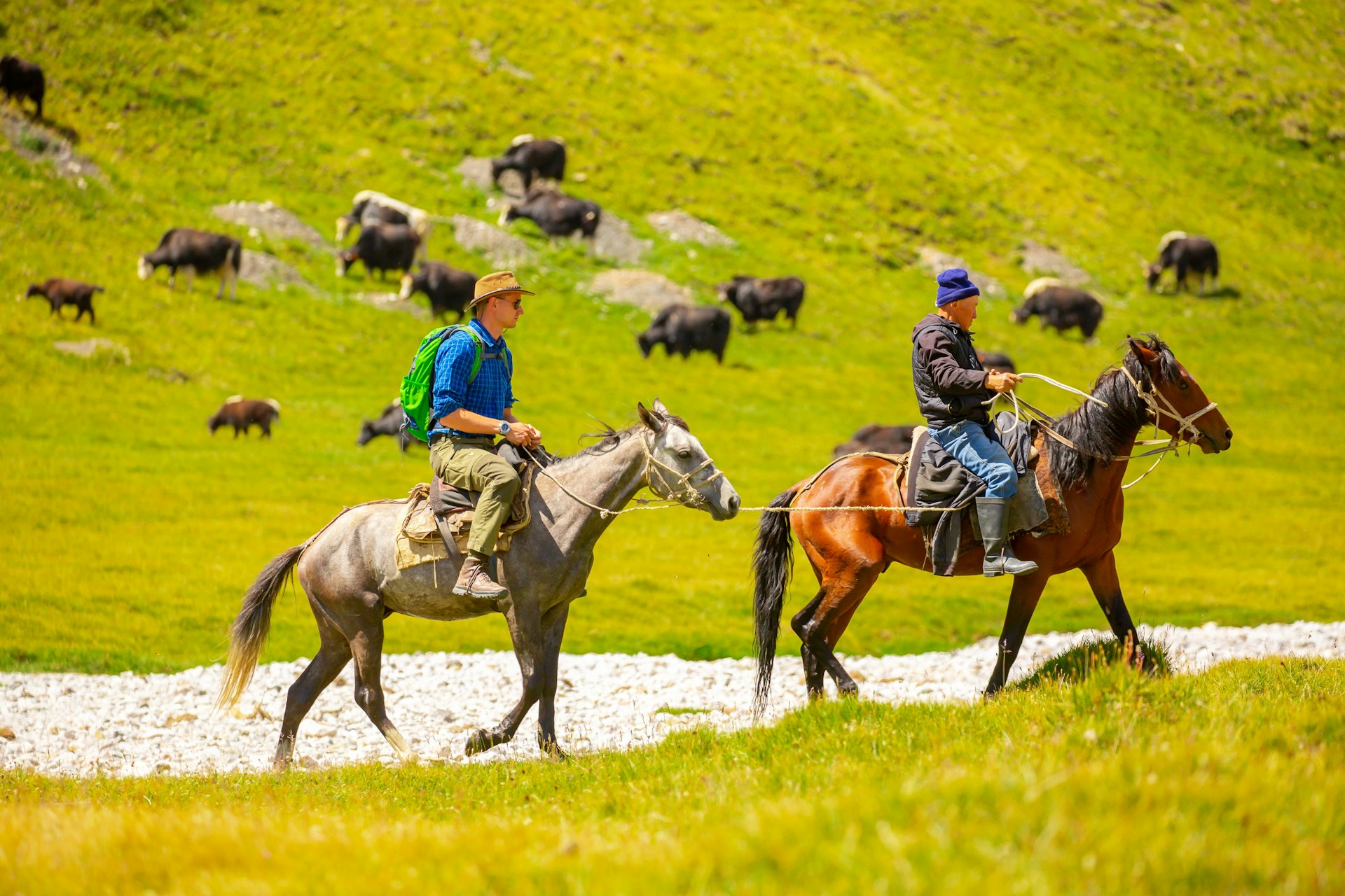 Two men riding horses gallop through the mountains in Kyrgyzstan, Central Asia