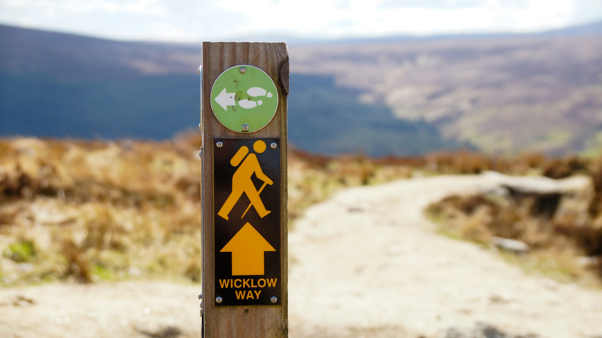 A sign labeled "Wicklow Way" indicates which direction hikers should go on the long-distance trail