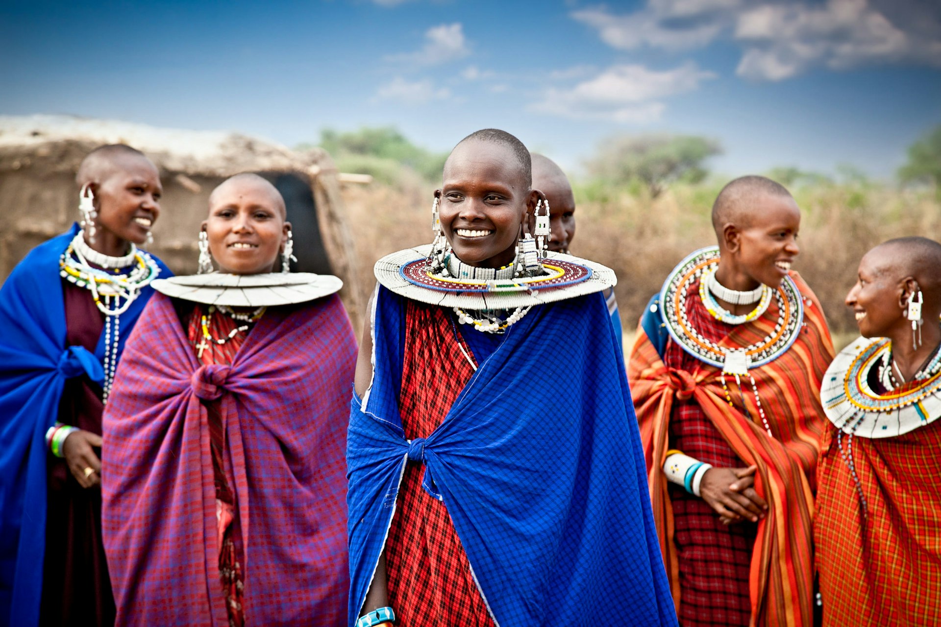 A group of Masai women in traditional  costumes and jewellery, Tanzania
