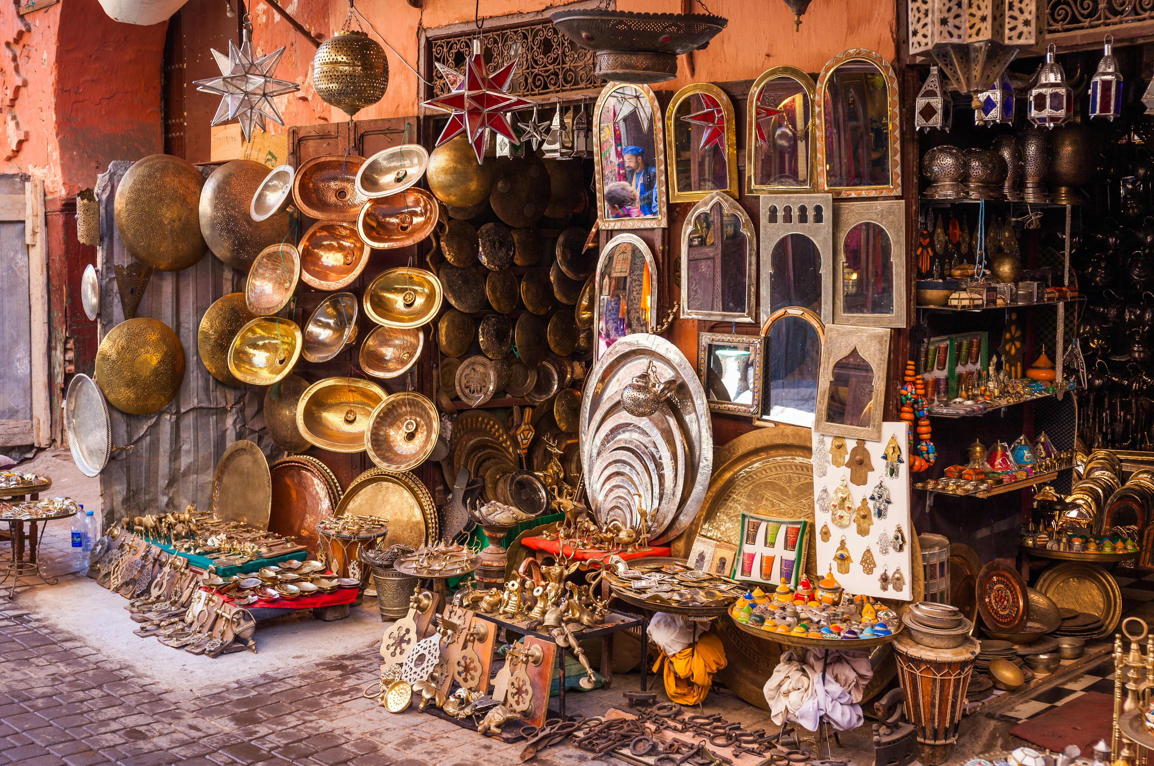 Metalwork for sale in Marrakesh souq, Morocco