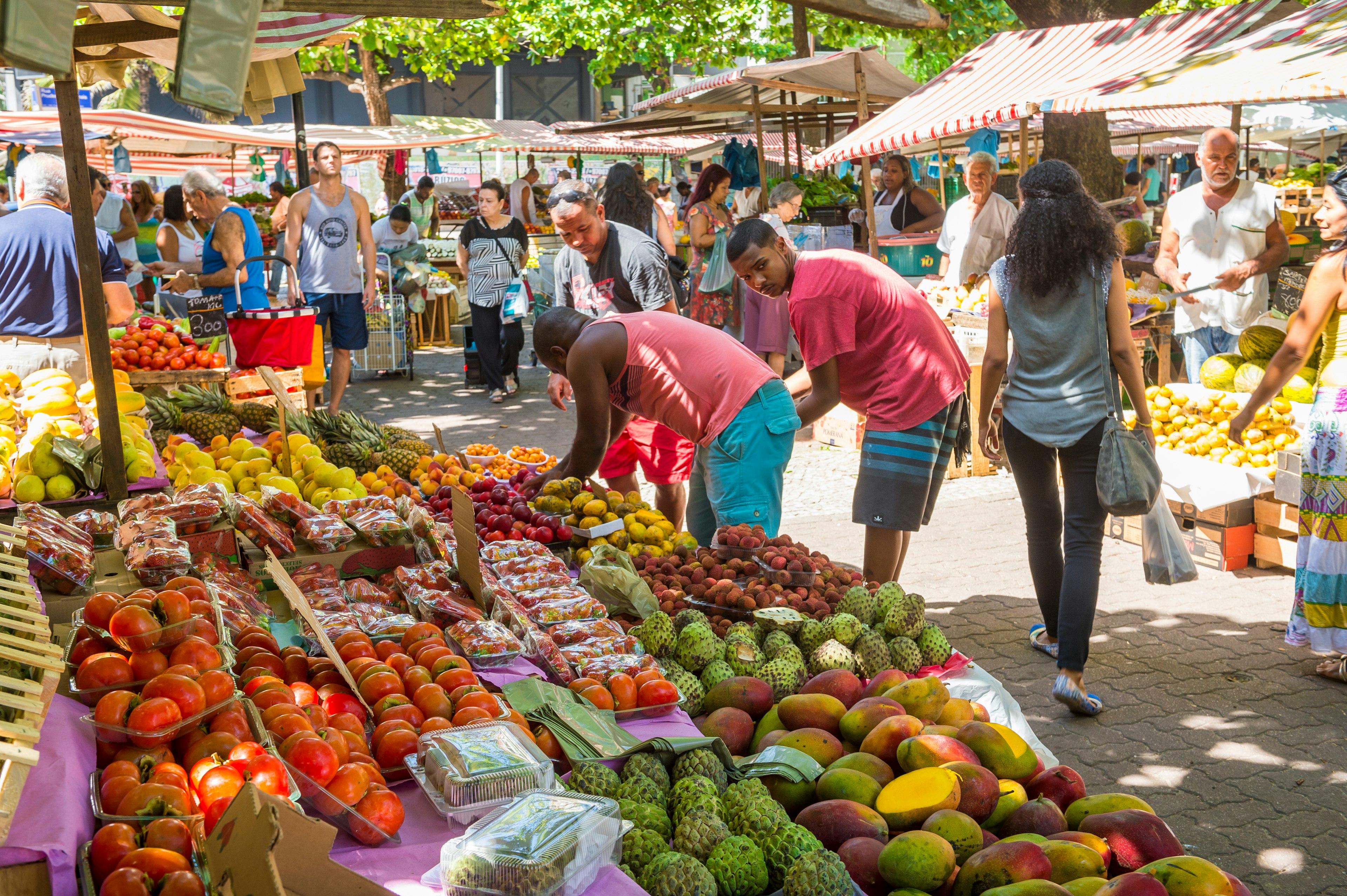 People wander through a farmer's market with vendors selling colorful tropical fruit