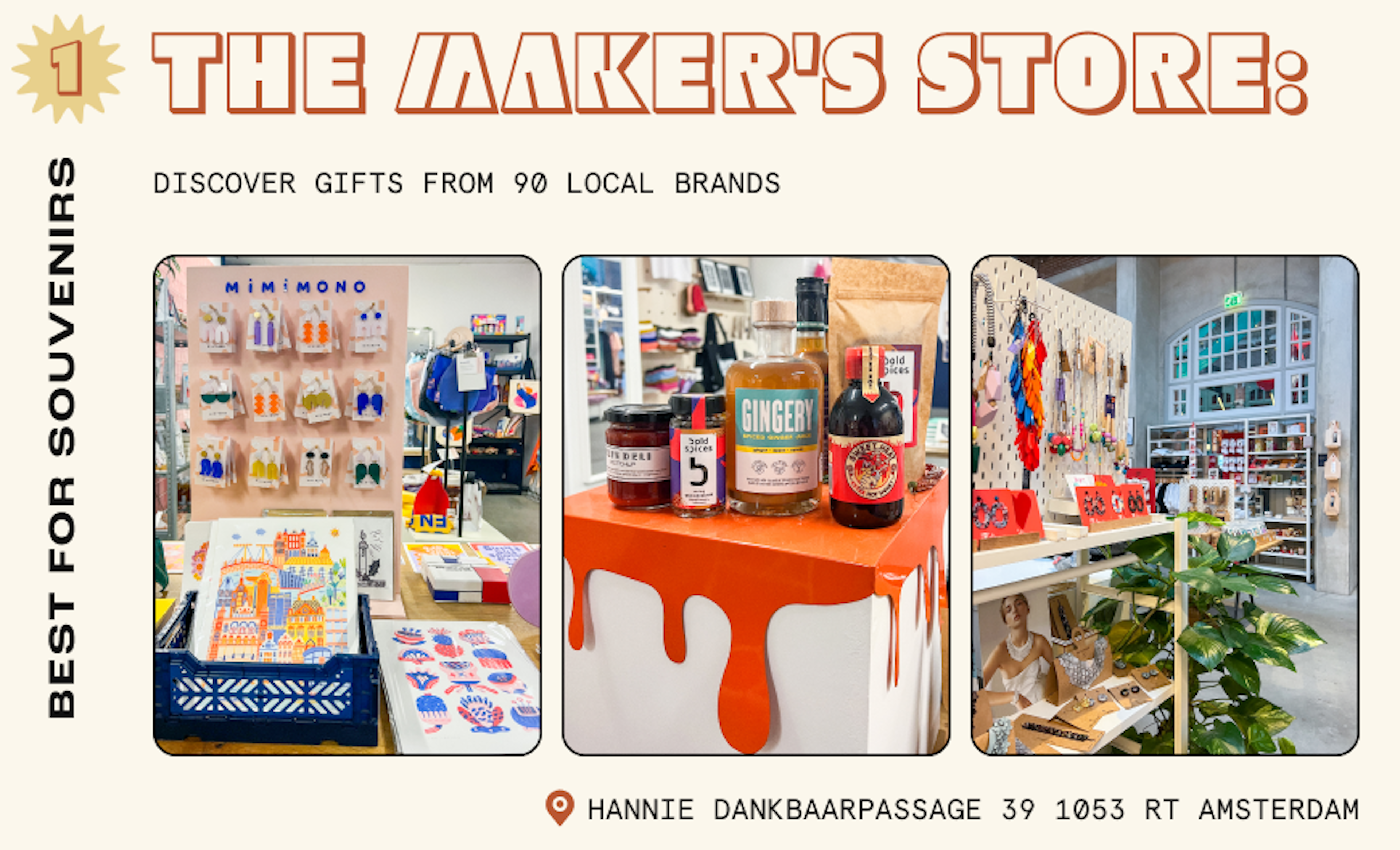 Collage of images from a brightly-lit Amsterdam store with shots of colorful homeware, accessories and prints