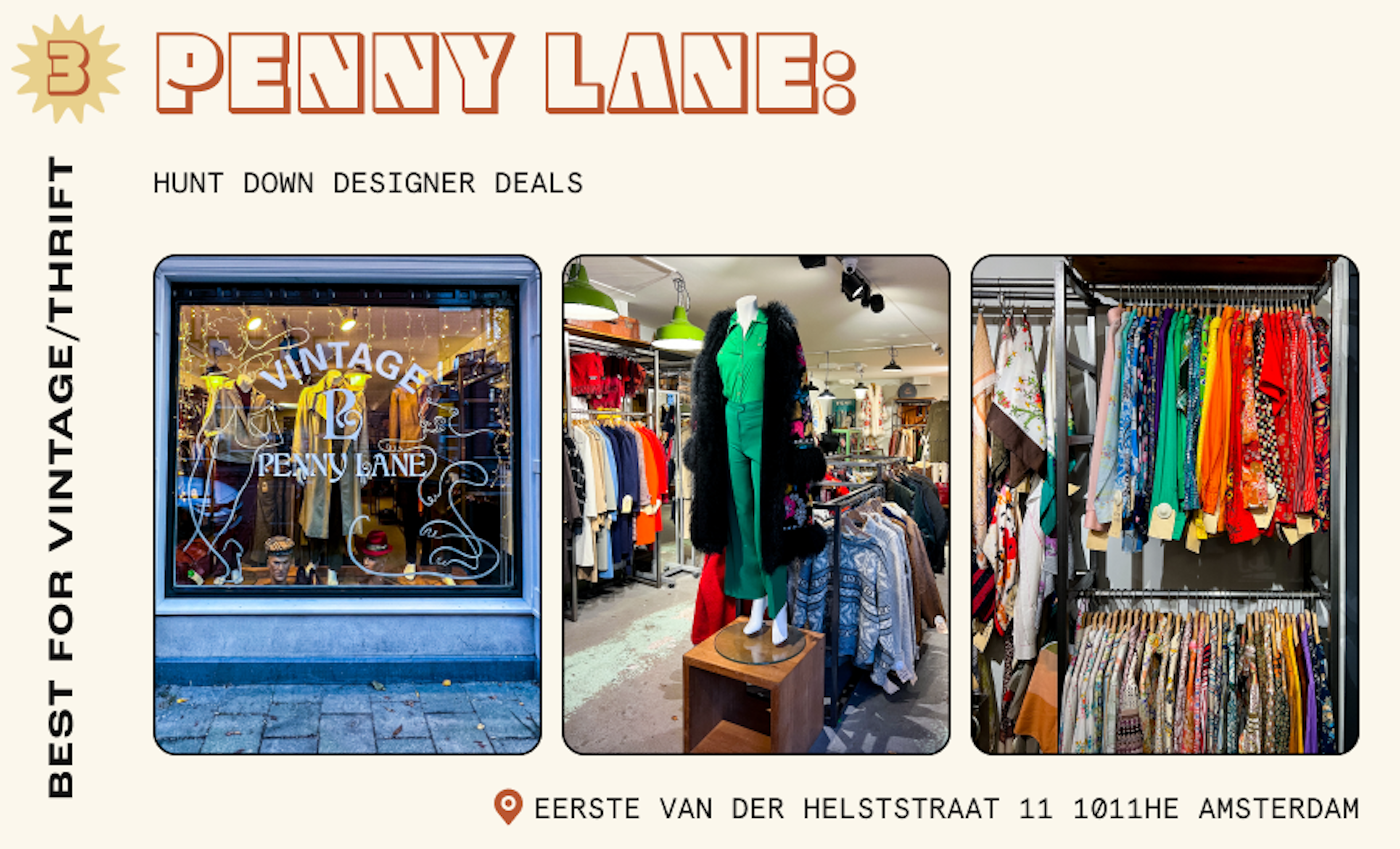 Collage of images from Amsterdam thrift store including a shot of the store exterior and close-up images of colorful clothes on display