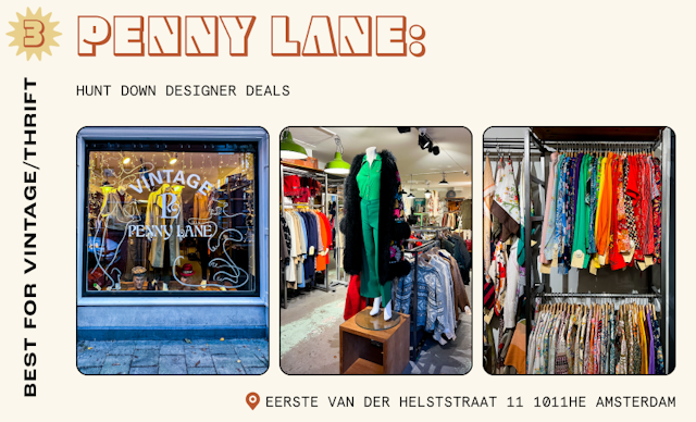Collage of images from Amsterdam thrift store including a shot of the store exterior and close-up images of colorful clothes on display