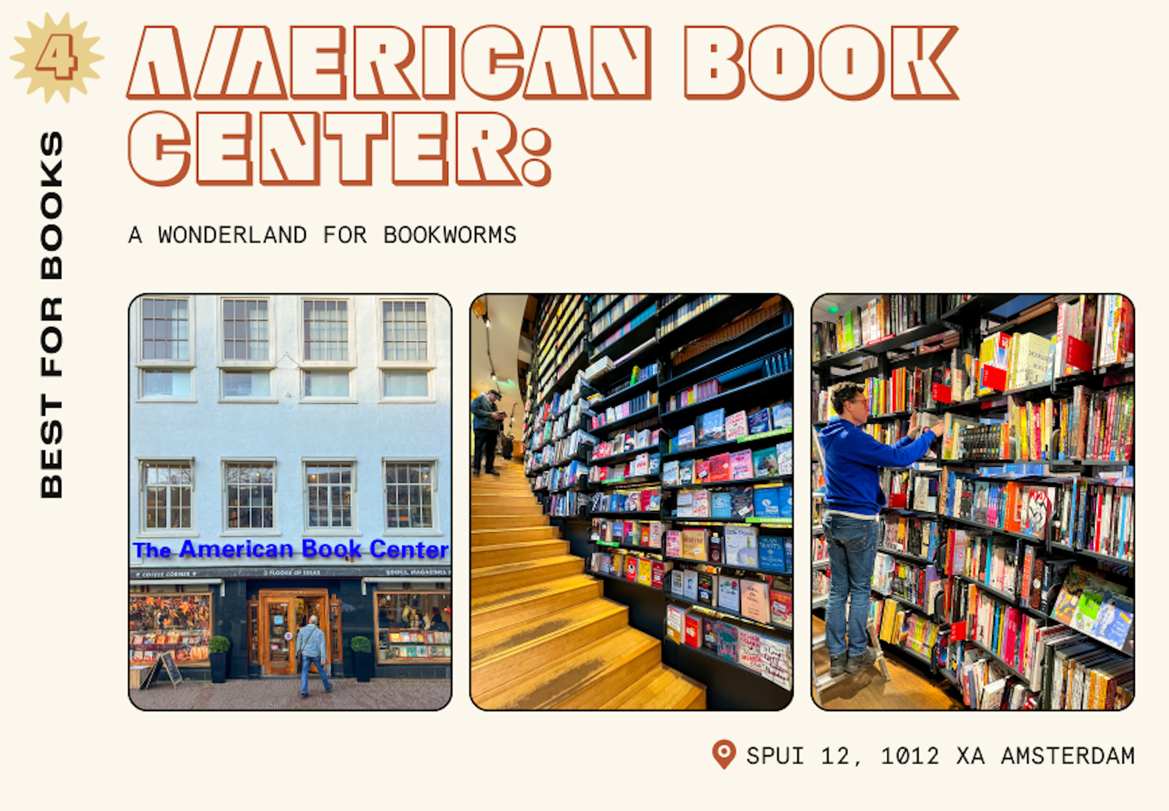 Collage of images from the American Book Center in Amsterdam including shots of the shop exterior and shelves of books