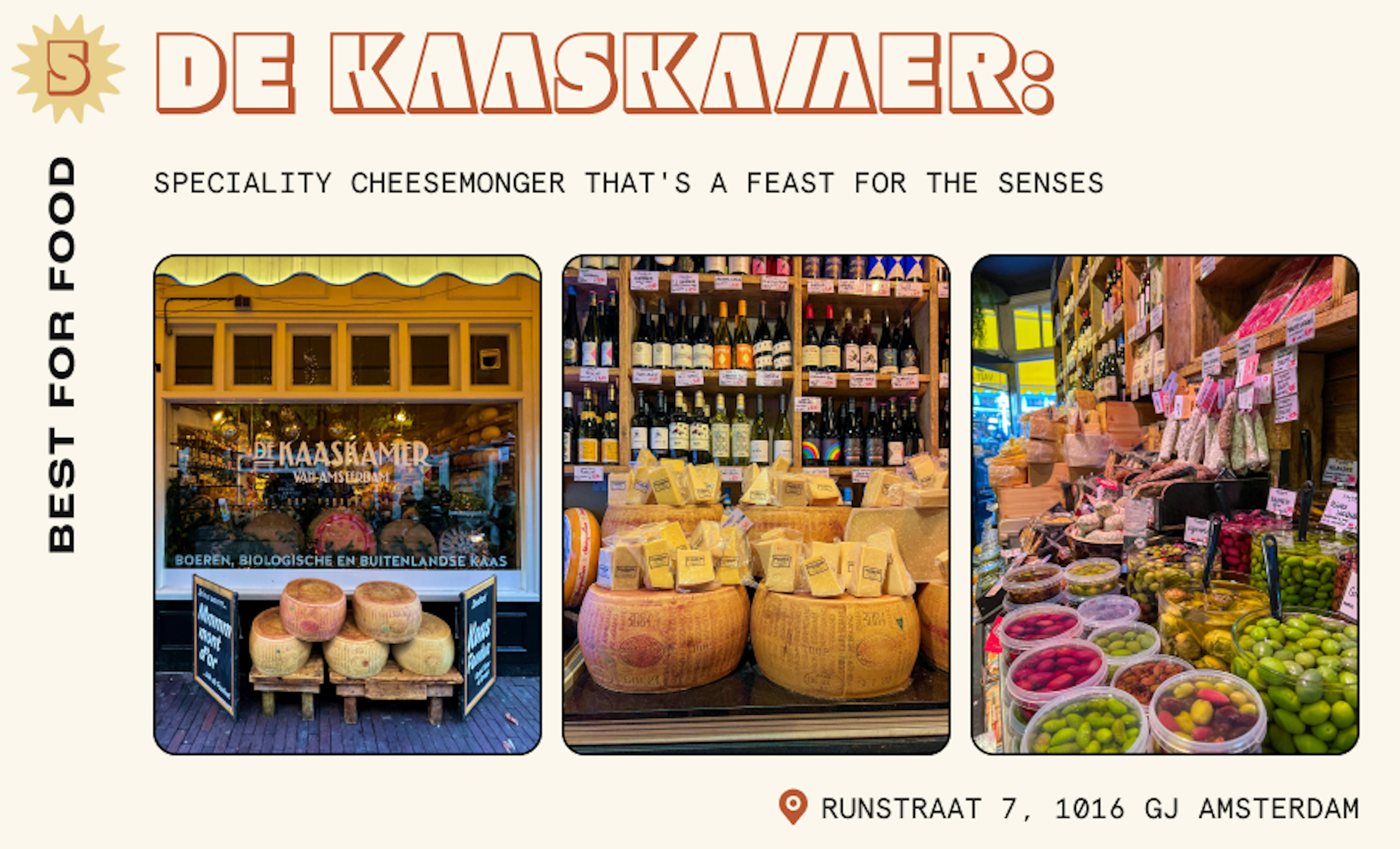 Collage of images from an Amsterdam cheese shop including shots of the bright yellow exterior, olives and tapendaes and barrels of cheese