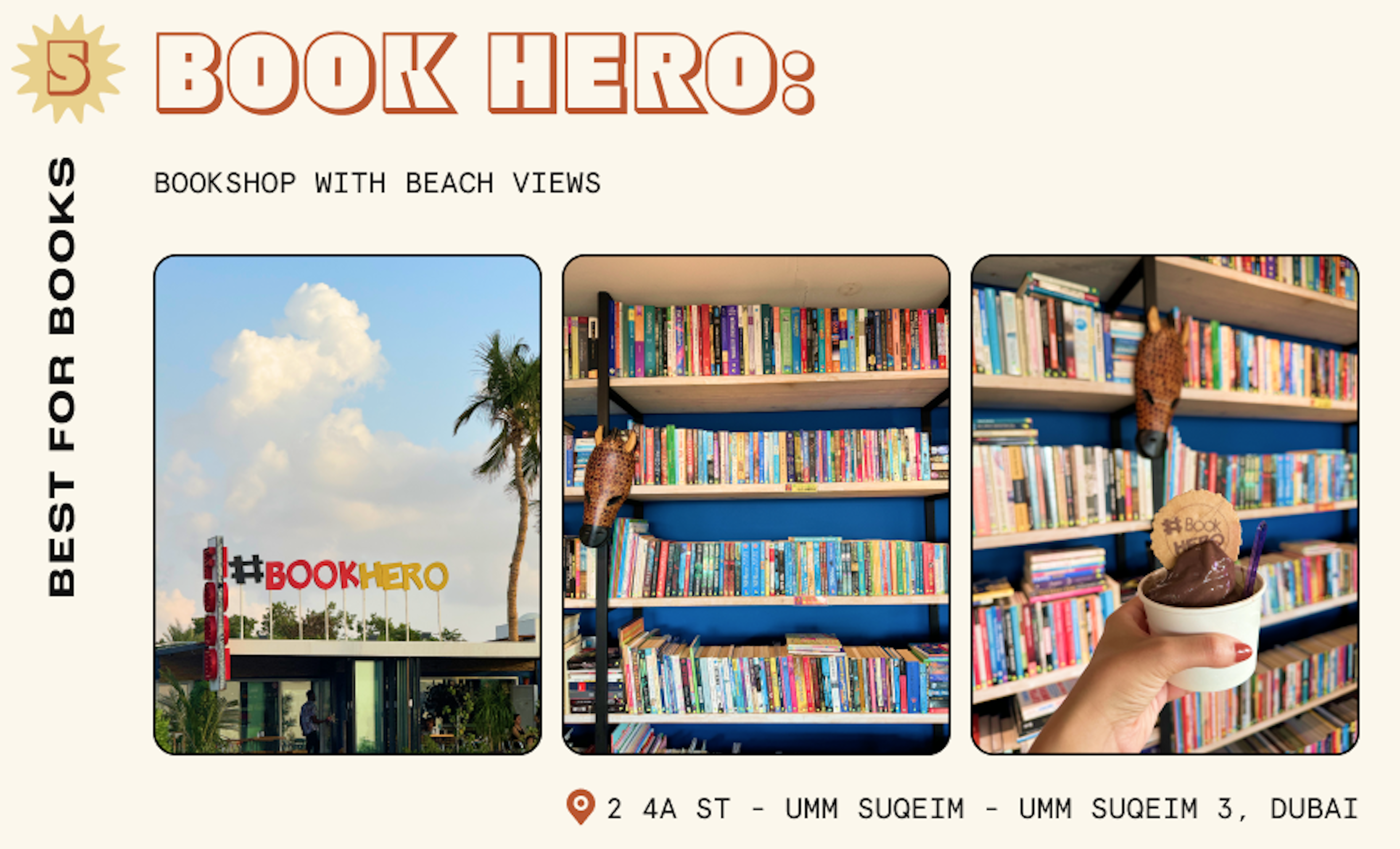 Close-up shots of bookshelves and ice-cream from a bookstore in Dubai