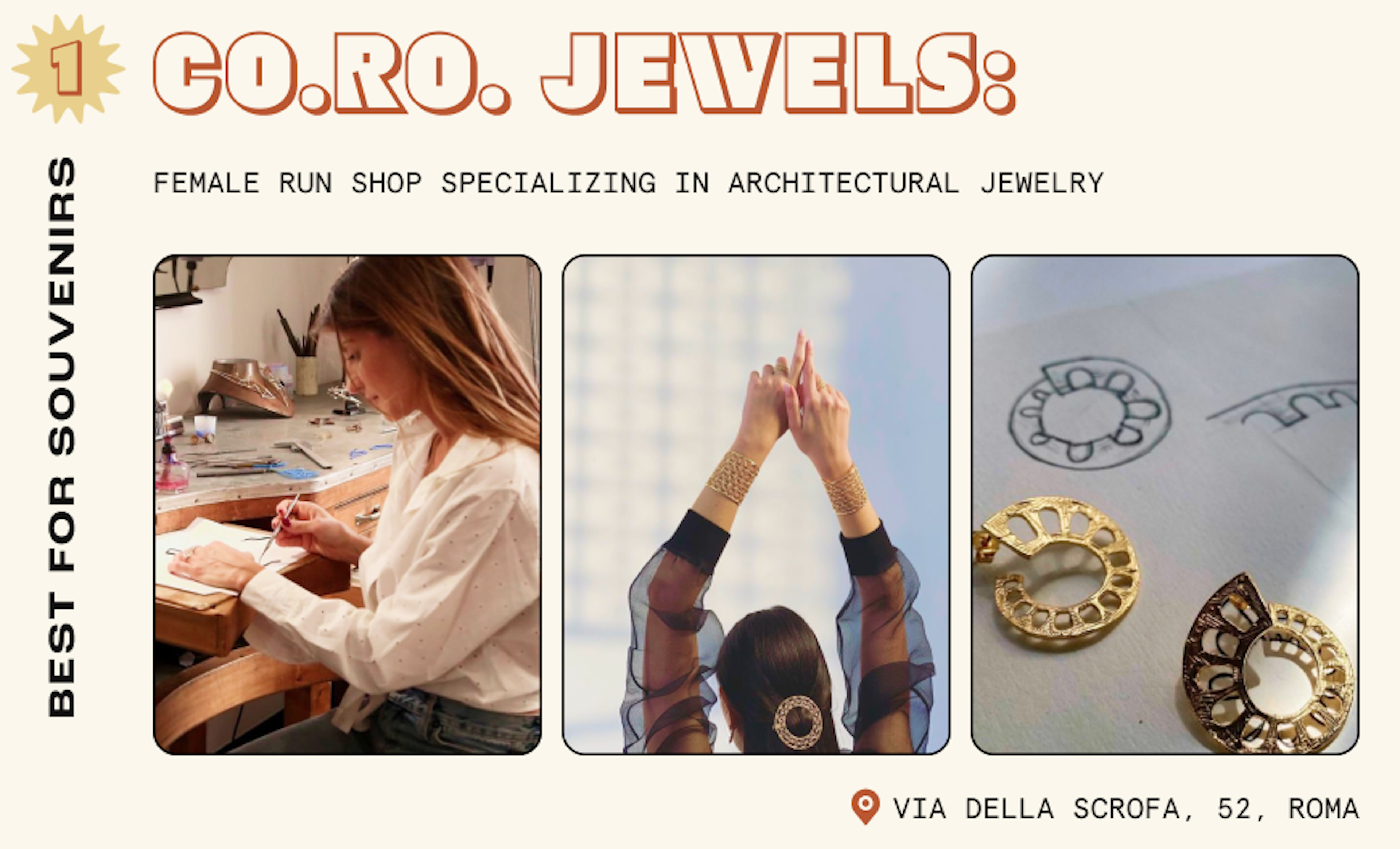 Close-up shots from a jewelry shop in Rome. Pictured are the jewelry designer at her desk, a close-up of a pair of earrings and a woman modelling bracelets