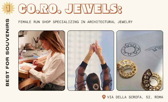 Close-up shots from a jewelry shop in Rome. Pictured are the jewelry designer at her desk, a close-up of a pair of earrings and a woman modelling bracelets