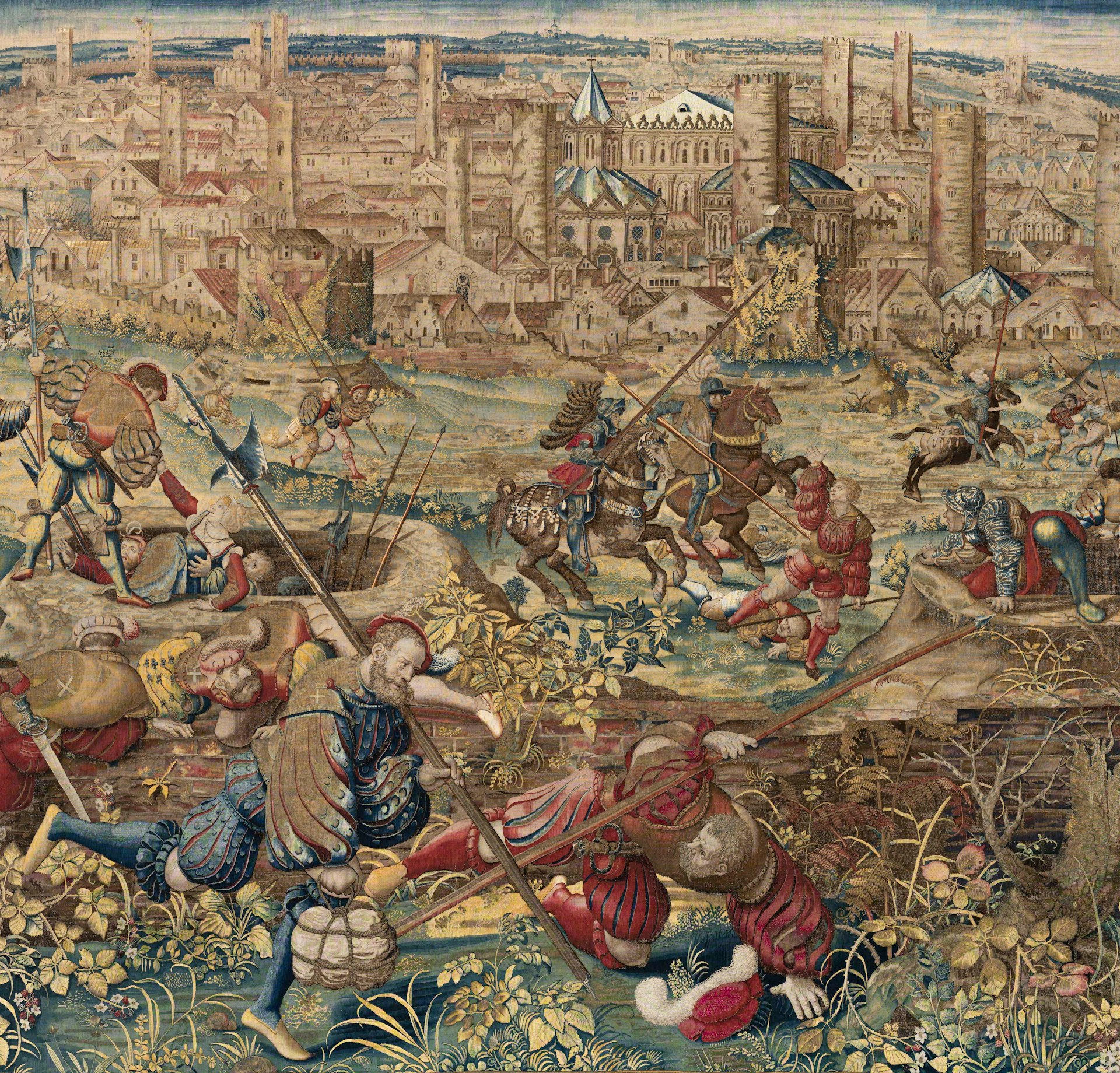 A battle scene depicted in a Renaissance-era tapestry